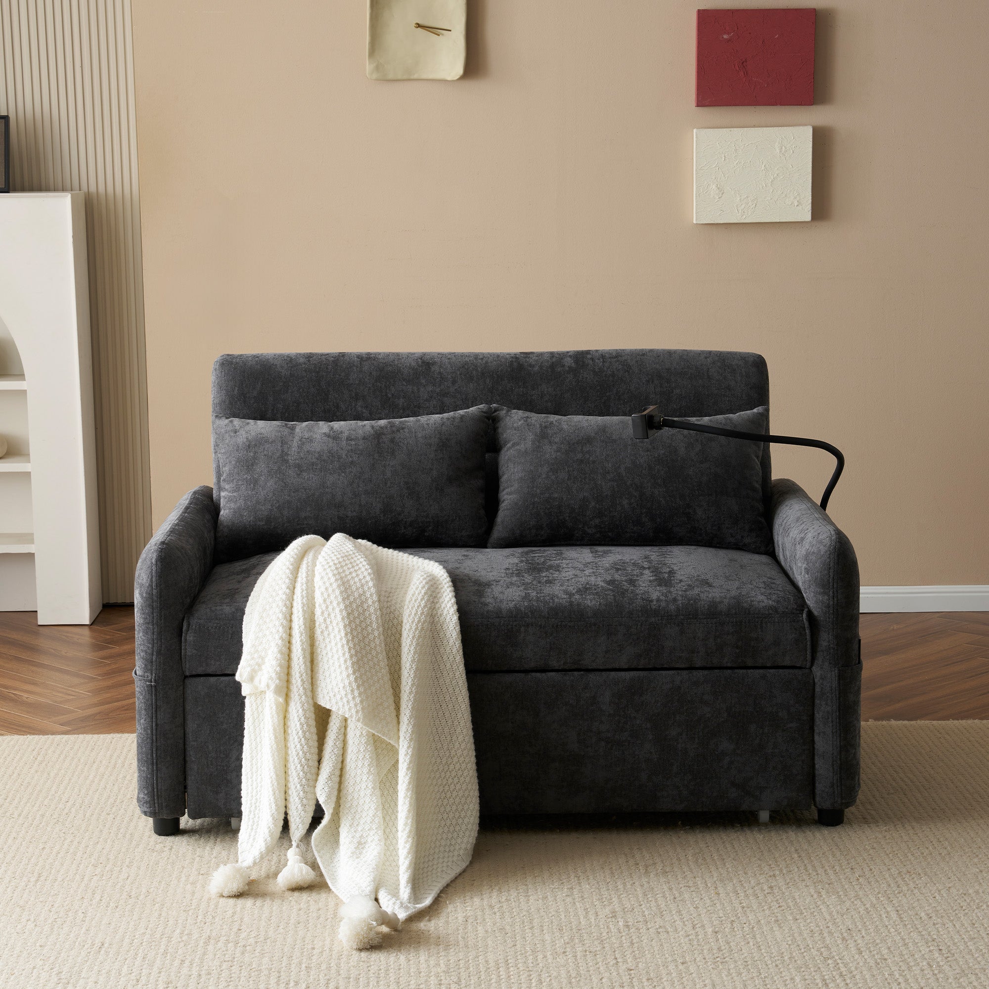 Sofa Bed, Modern Double Folding with Adjustable Backrest, Mobile Holder & USB Port