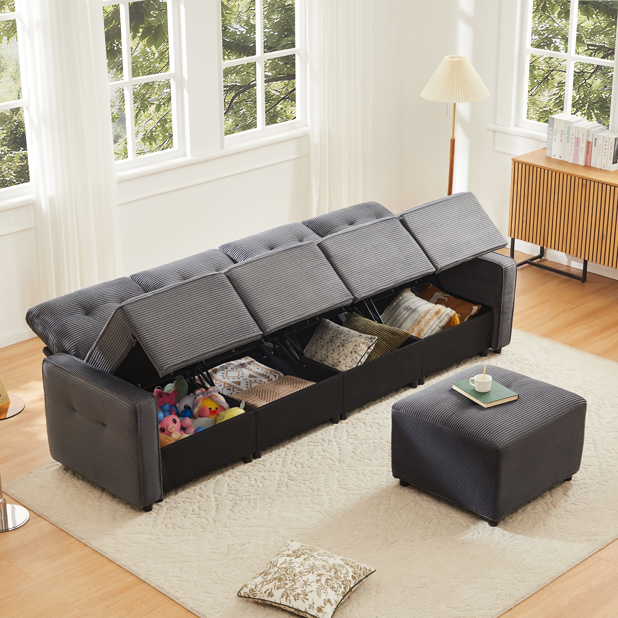 4-Seater Sofa with Storage and Ottoman, Grey Corduroy