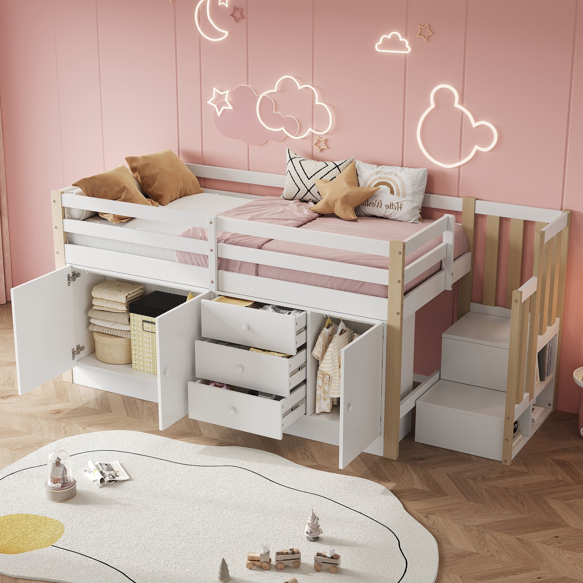 Multifunctional Children's Loft Bed 90x200cm with Stairs Drawers & Storage Cabinets - White