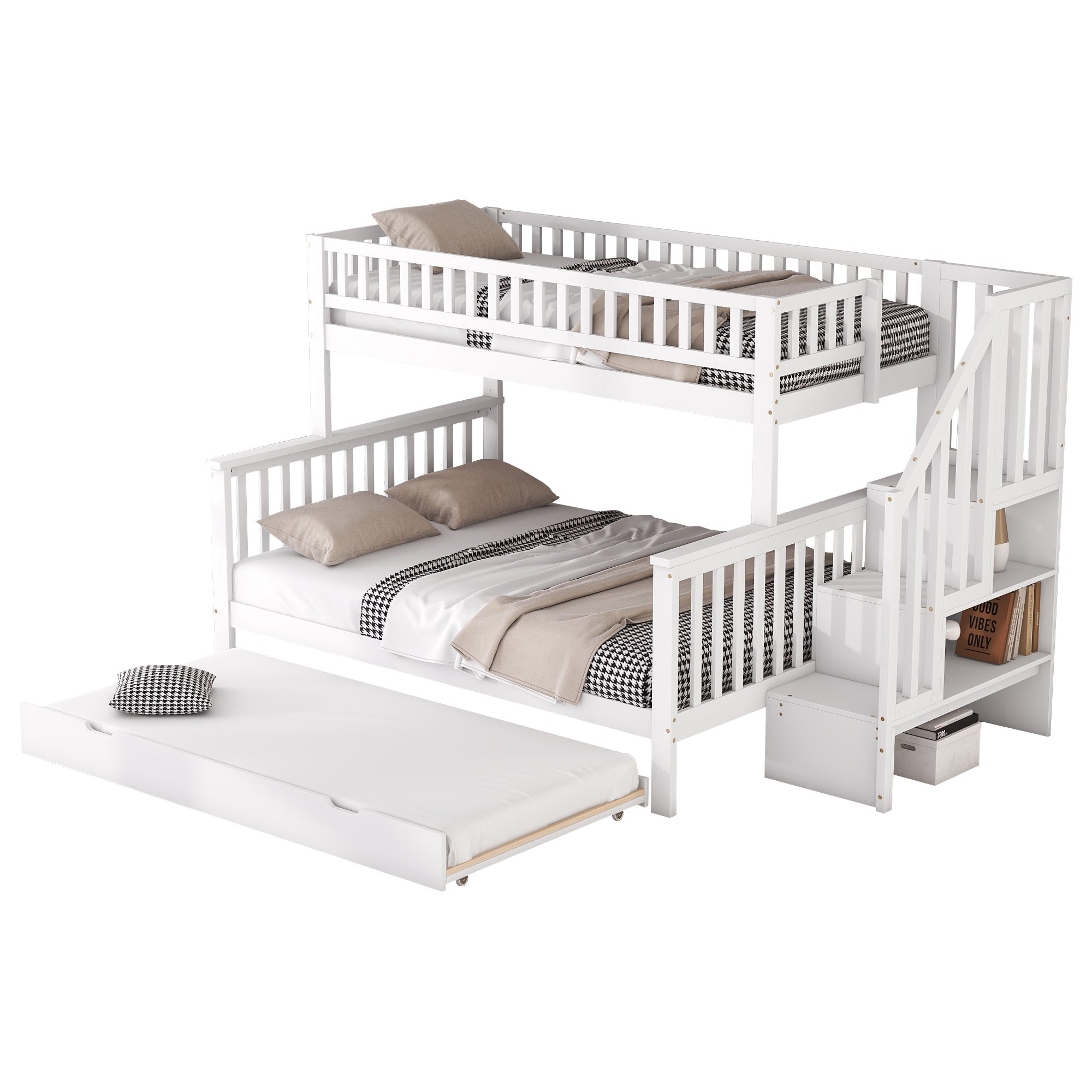 Bunk Bed 90x200cm/140x200cm with Stairs & Rolling Container, Pine Wood White