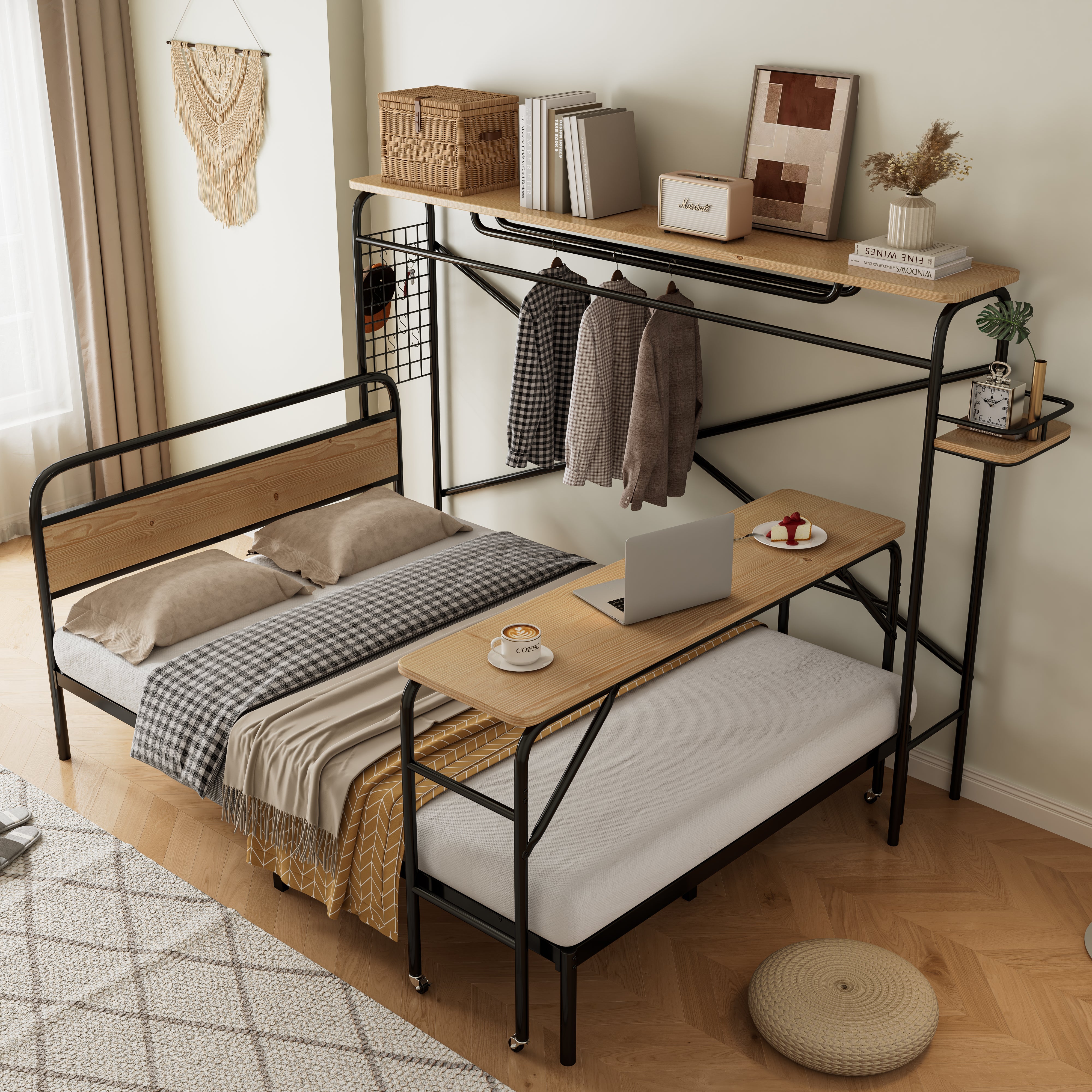 Metal Bed, Flat with Table & Coat Rack, Black & Natural Wood