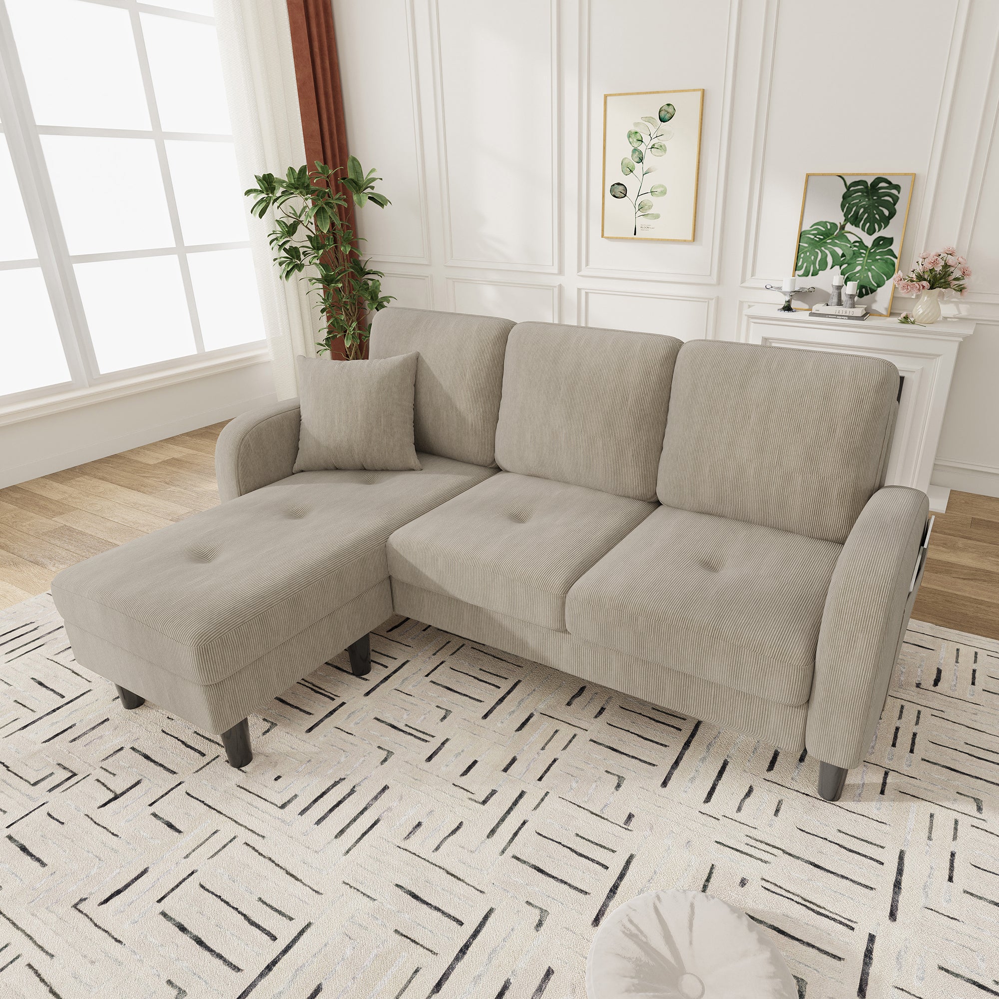 L-shaped Corner Sofa with Chaise Longue, 3-Seater Modular Design, Corduroy Fabric