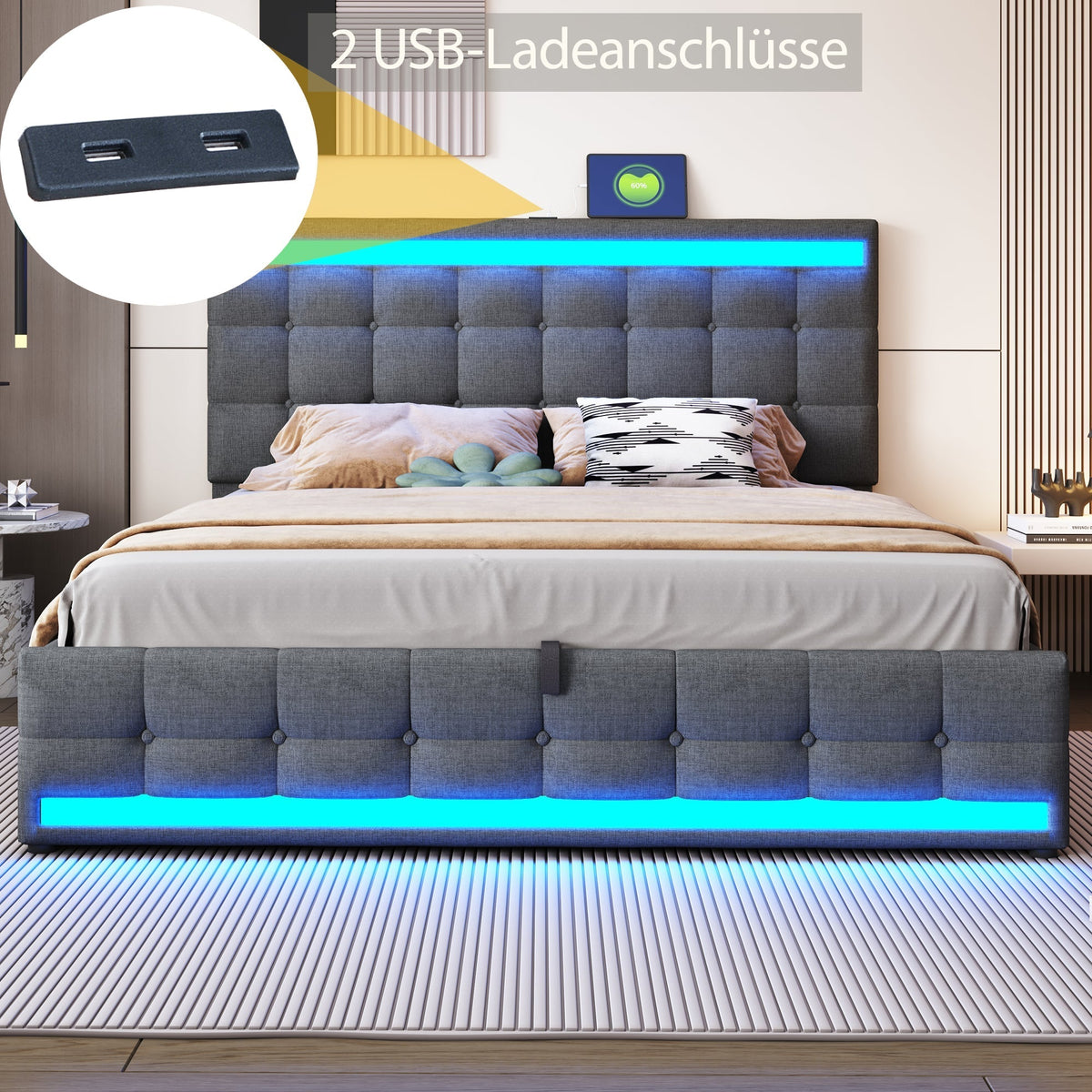 Upholstered Bed 180x200 Hydraulic Storage USB LED Light Strip Children's Bed, Grey Linen