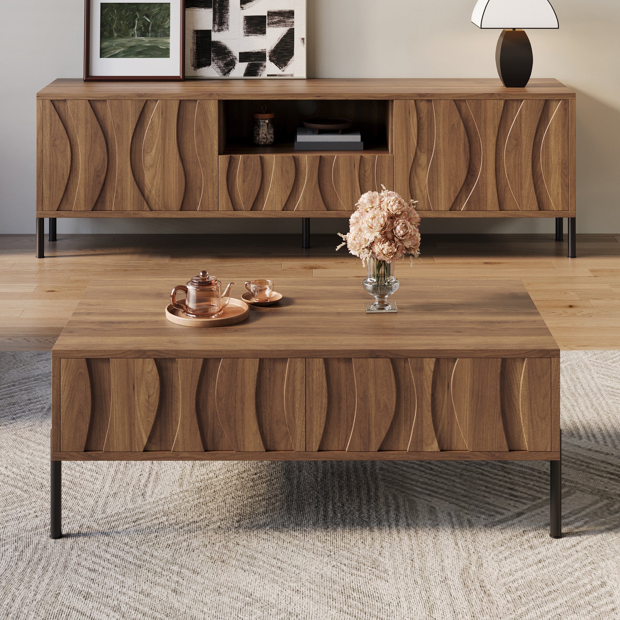 Coffee Table and TV Stand Combination, Wave Pattern Storage Set, Solid Wood