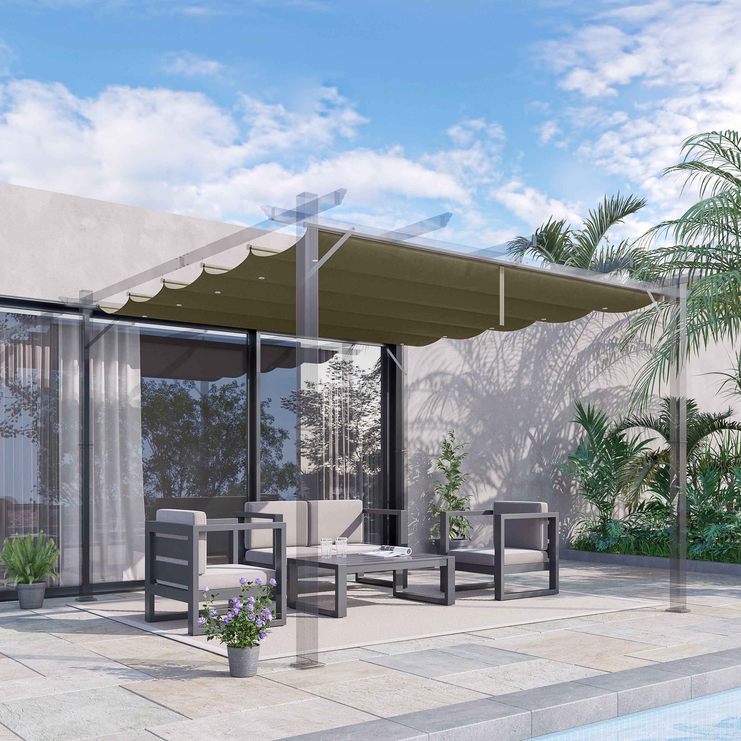 Retractable Pergola Shade Cover Replacement Canopy Fabric 3x3m Gazebo Roof, Tan