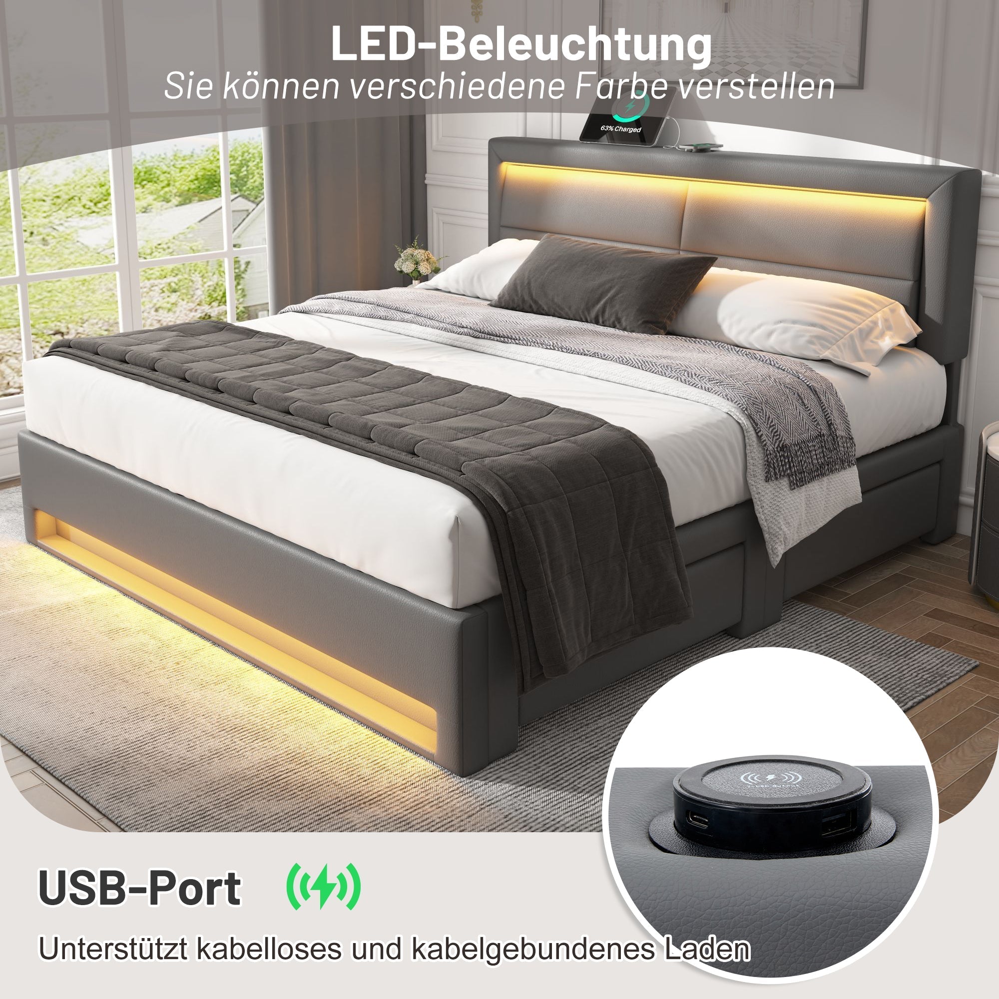 Upholstered Bed 160x200cm USB LED 4 Drawers - Grey PU