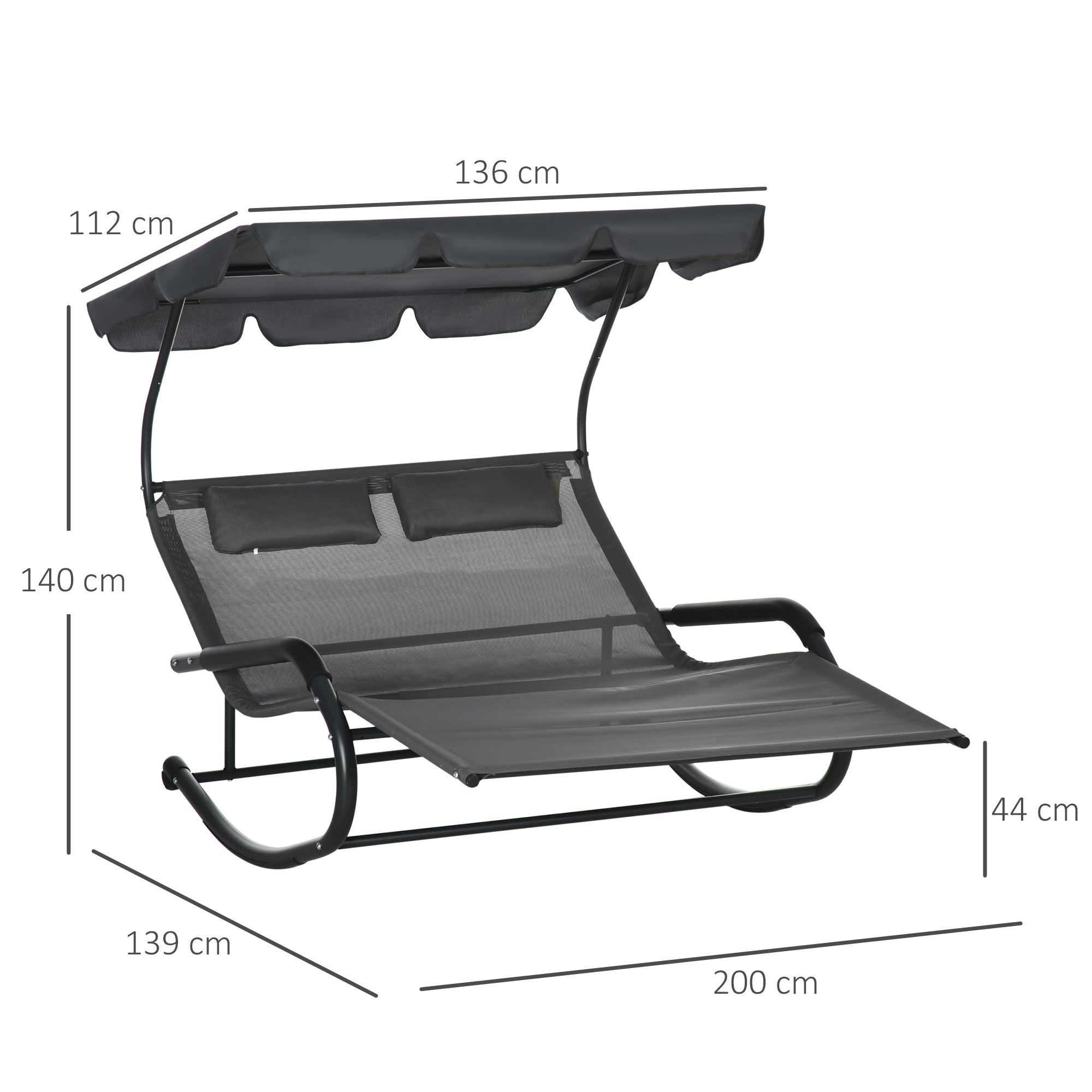 Double Sun Lounger/Rocking Bench with Sunshade, Wheels, 220kg Capacity, for 2 People, Dark Grey