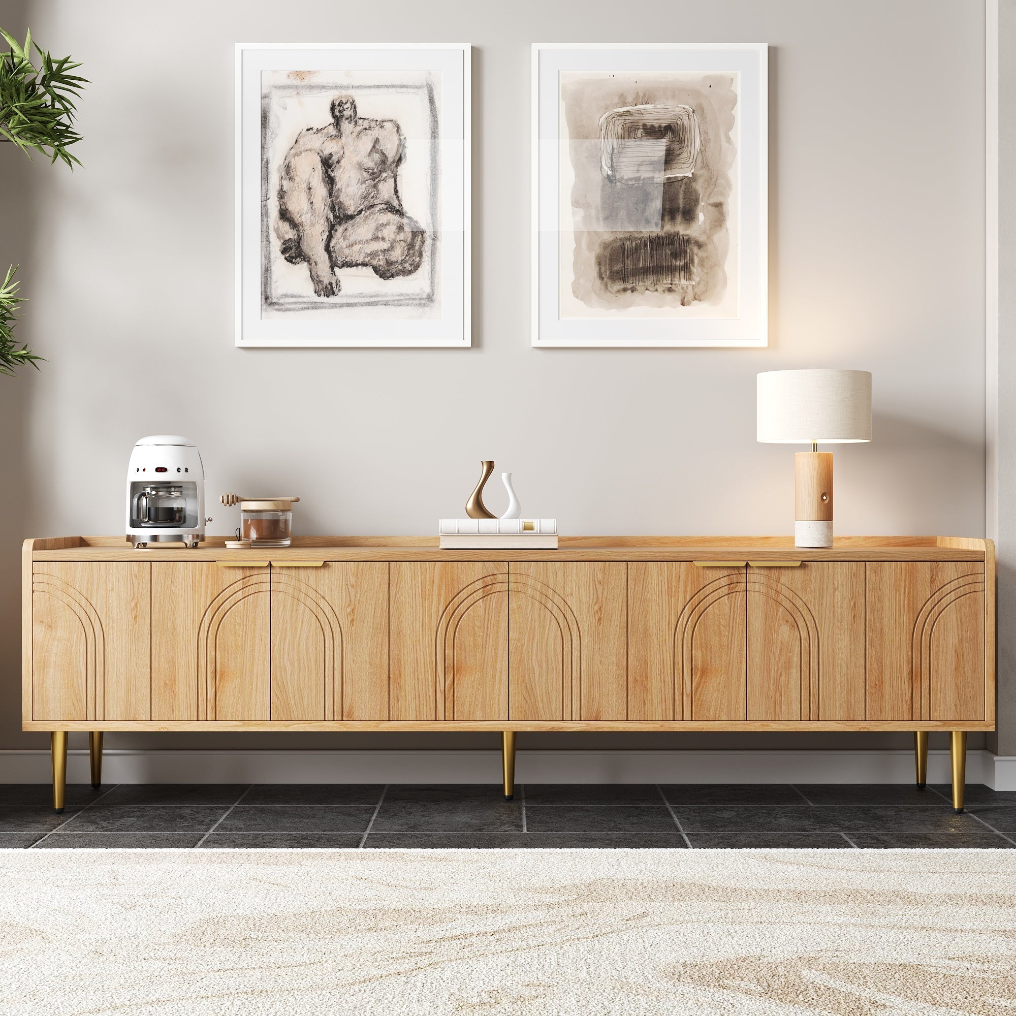 TV Cabinet Lowboard, Textured Door Gold Handles and Feet, 170cm MDF