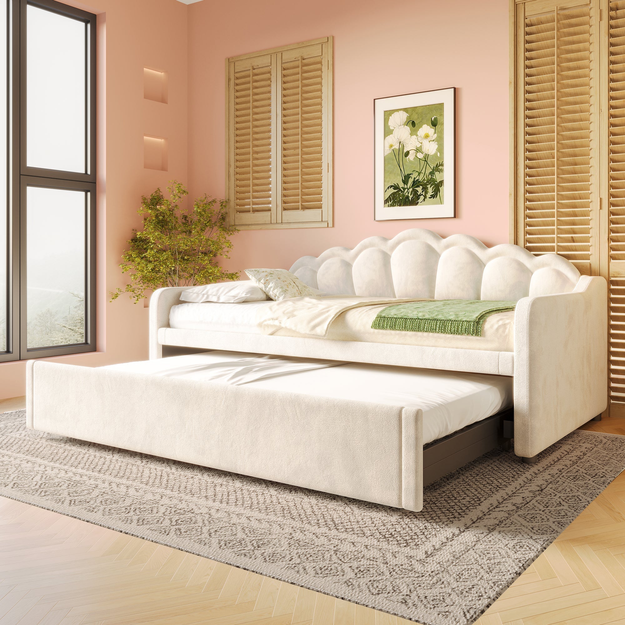 Daybed Sofa Bed Pull-out Double Bed LED 90/180x200cm - Velvet Beige