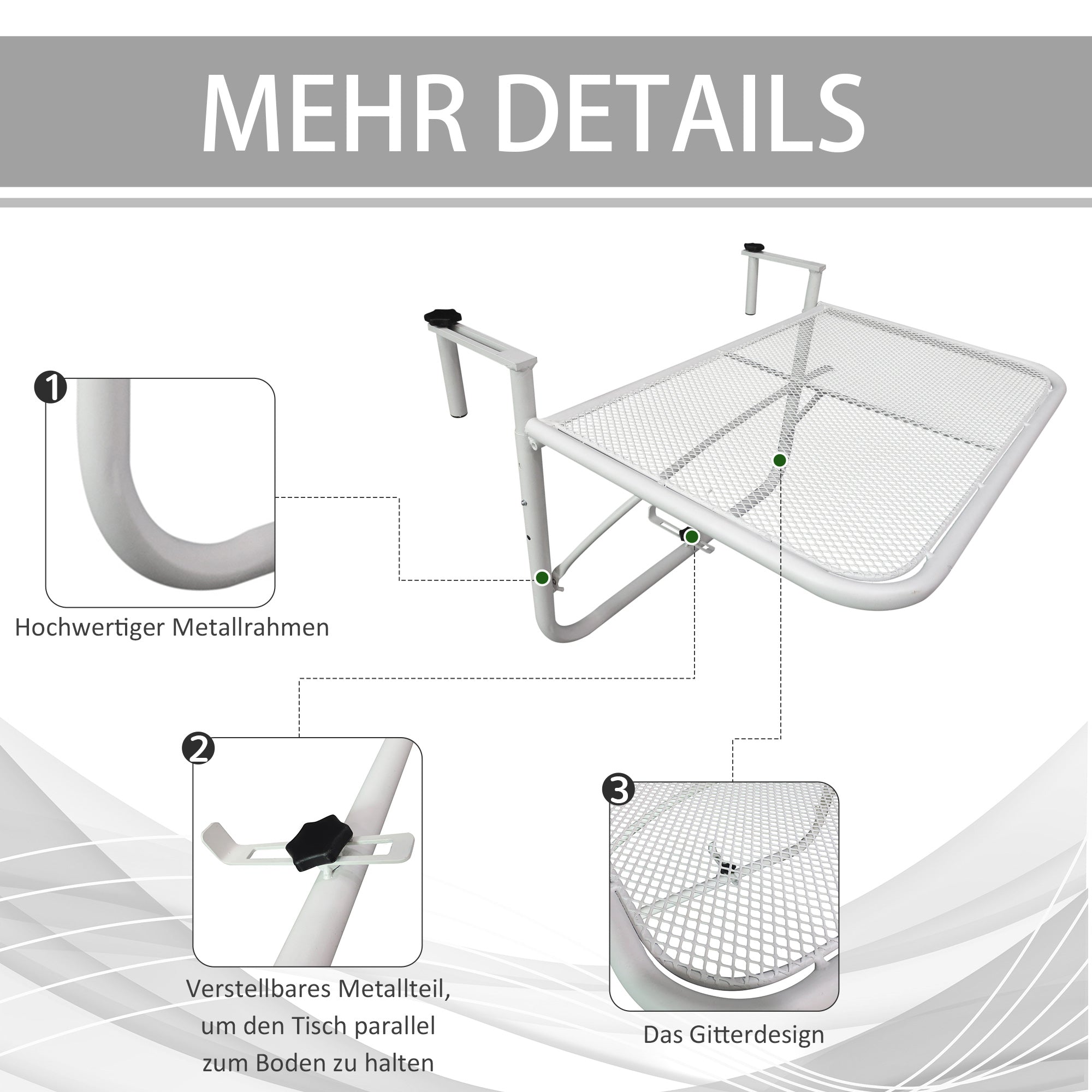 Balcony Hanging Table, Square Adjustable 60x56.5x45cm Garden, White Metal