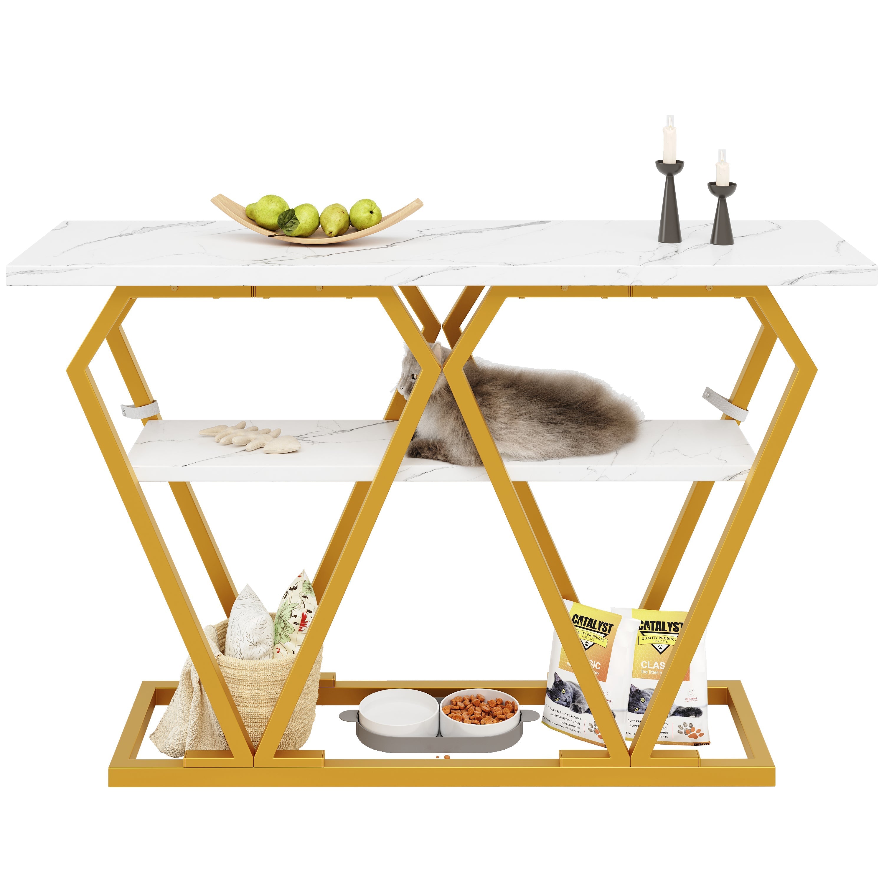 Console Table with Integrated Storage and Metal Legs, White Marble Look