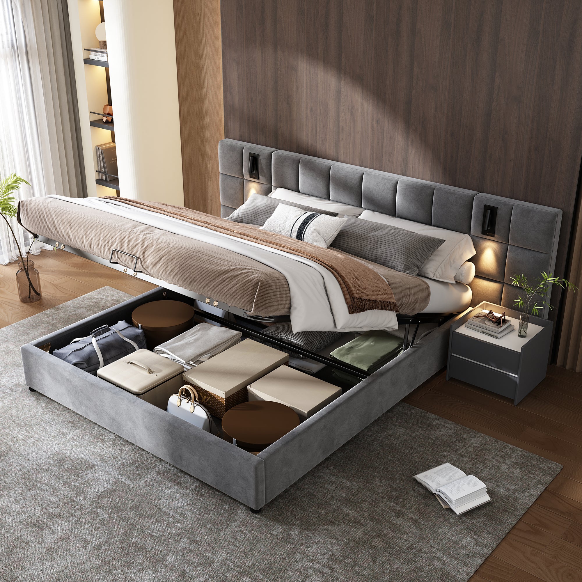Upholstered Bed with Hydraulic Storage, Lamp and USB Charging, 180x200cm, Grey Velvet