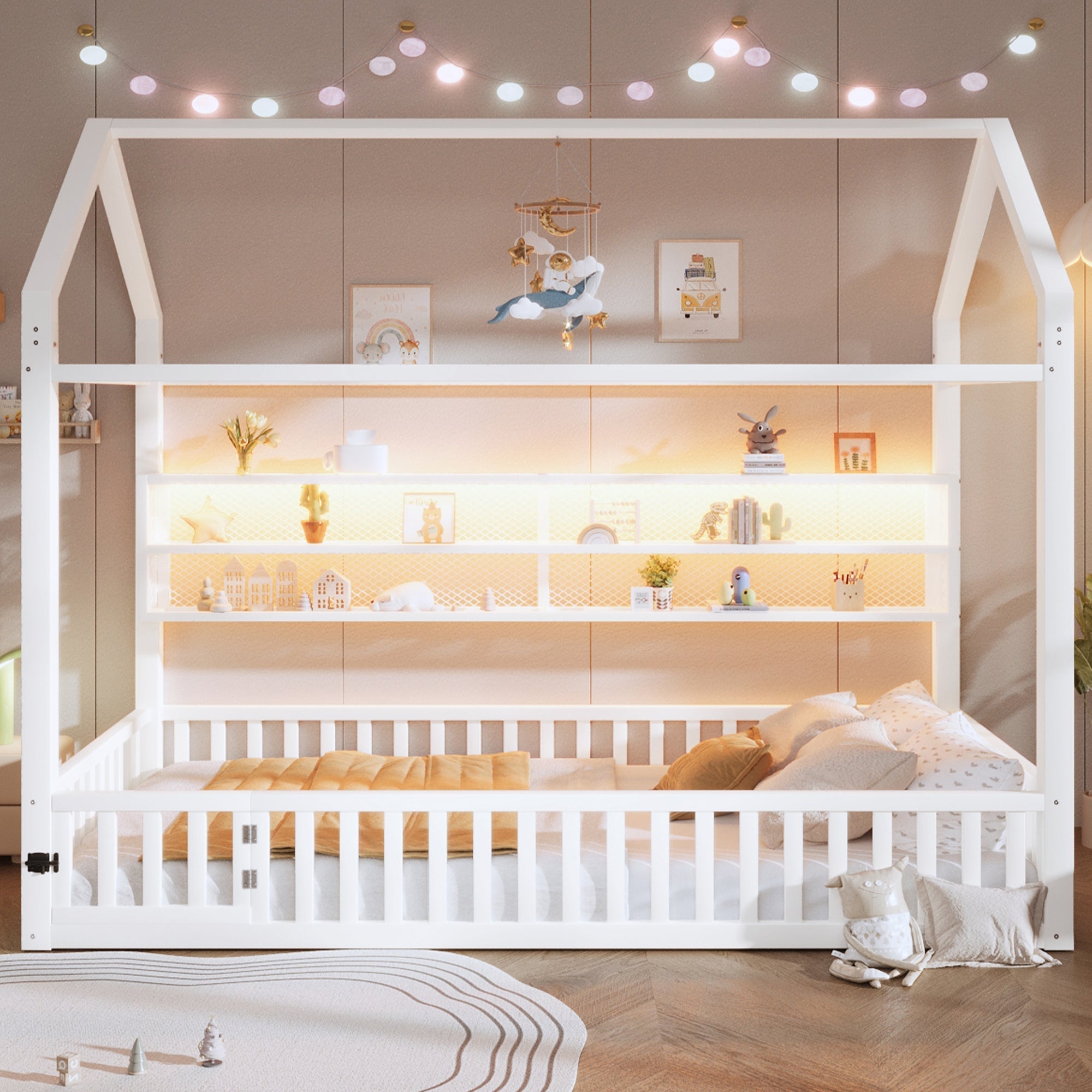 House-Shaped Platform Bed with Fence and LED Lighting, 90x200cm, White Metal