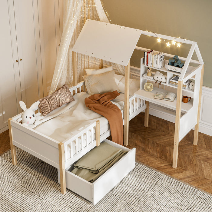 Children's House Bed 90x200cm Multifunctional Desk Bookshelf Drawers Solid Wood White