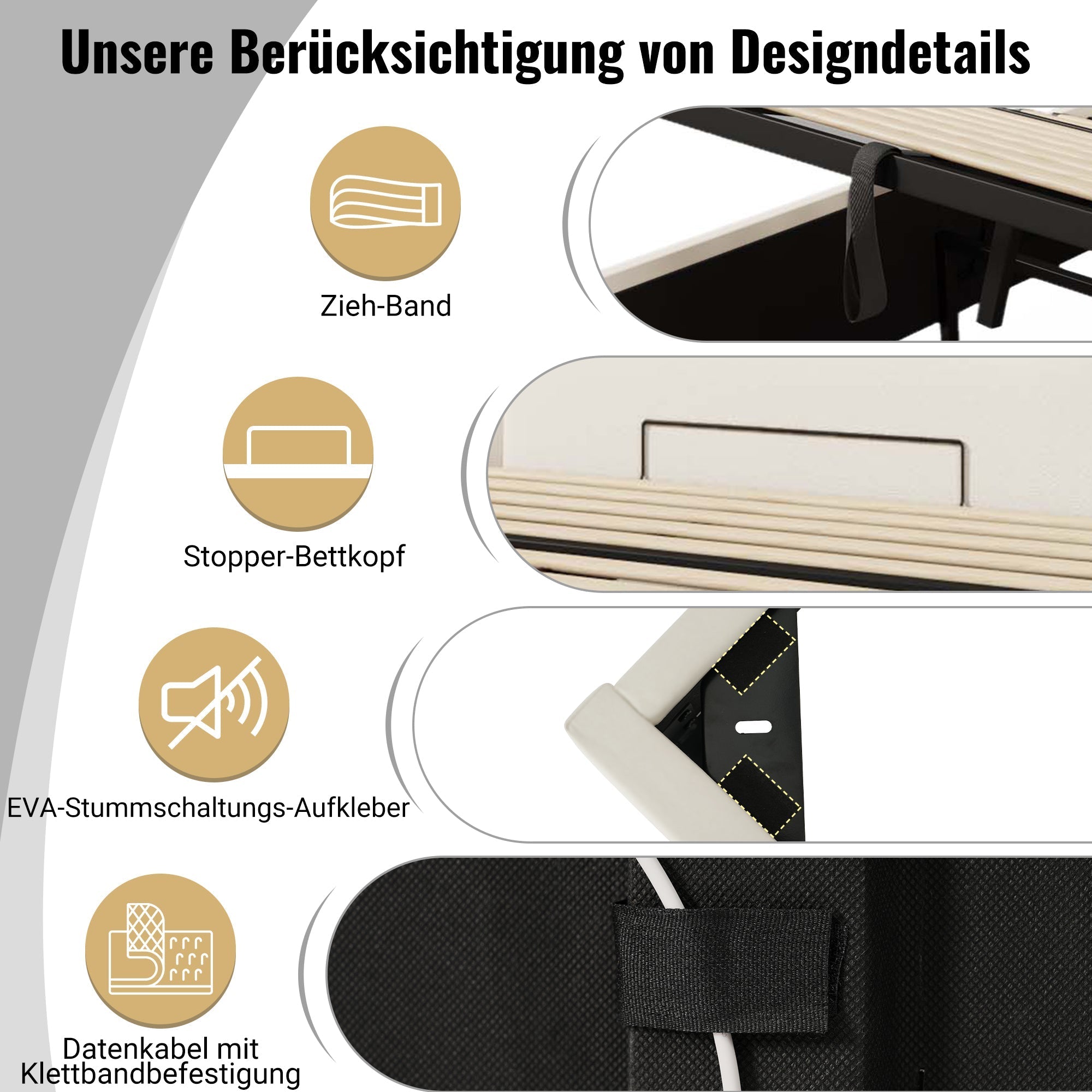 Upholstered Bed 180x200, Double Storage with App Control LED & USB-C, White PU