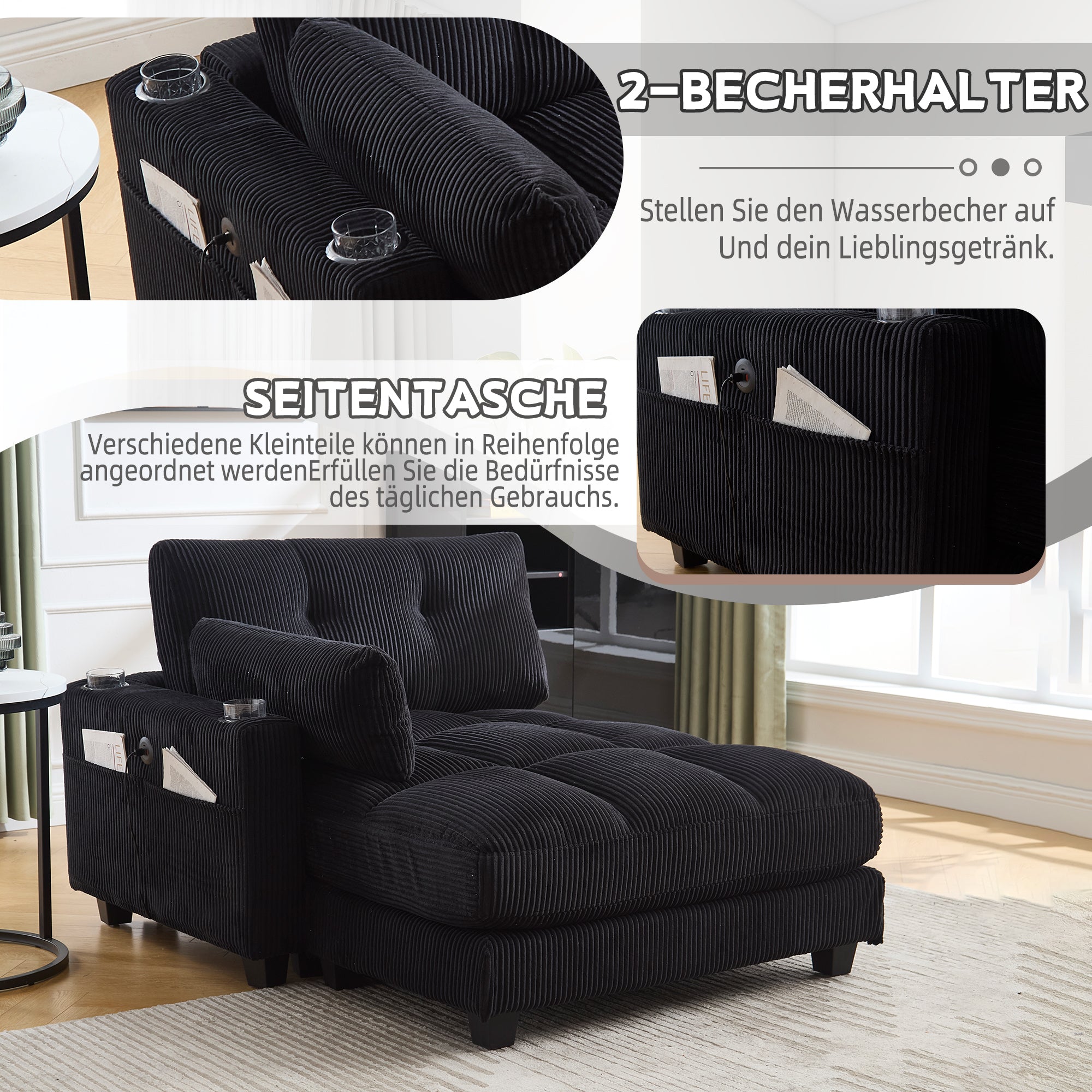 Palm Chair, Fluffy Striped Upholstery with Rolling Handrails, Black