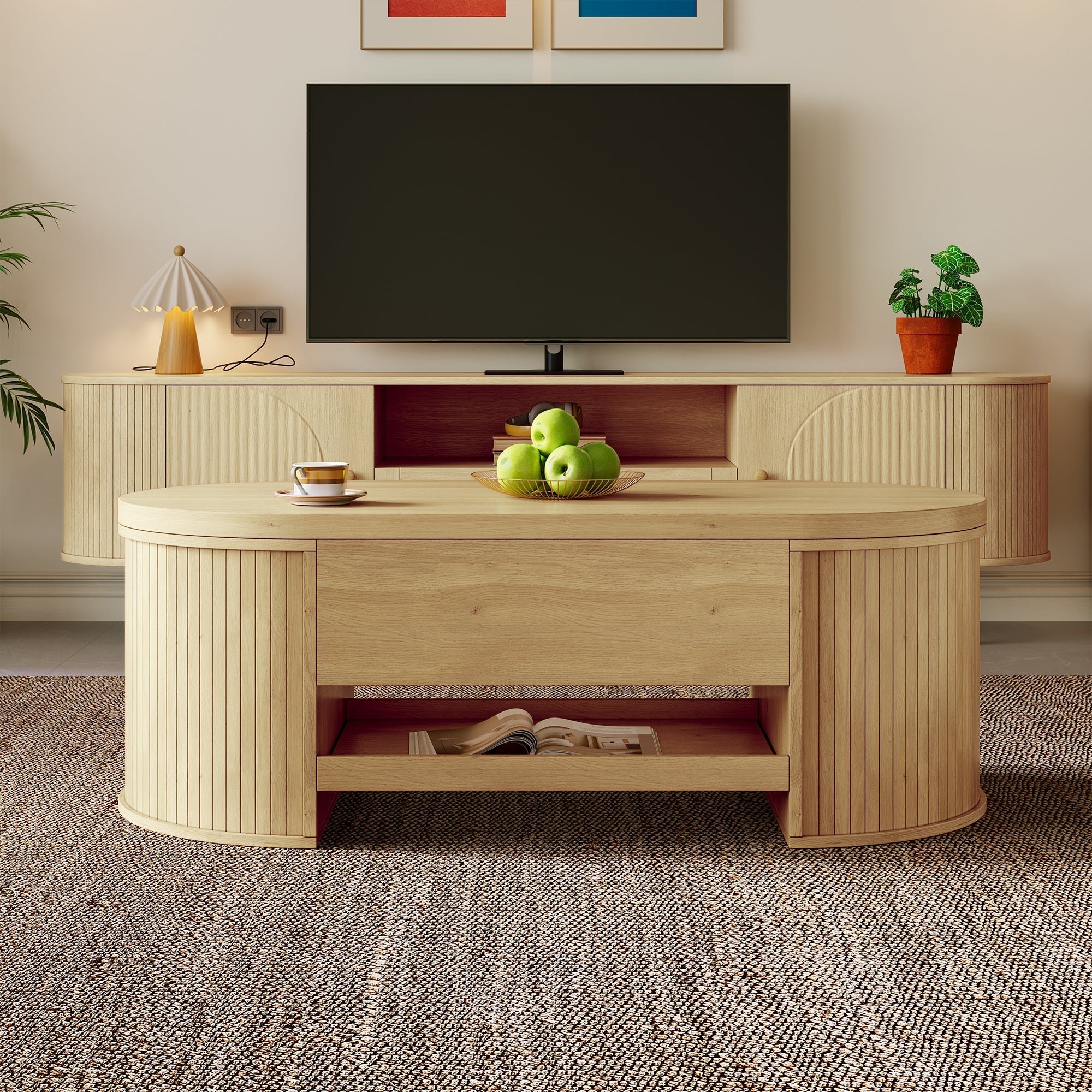 Liftable Coffee Table with Curved Wooden Sides, Extendable Shelf, Liftable Tabletop, Multifunctional Living Room Furniture