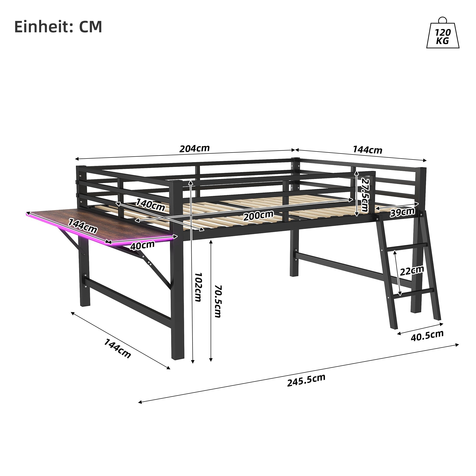 Flatbed Metal Bed 140x200cm Desk Ladder LED Light - Black