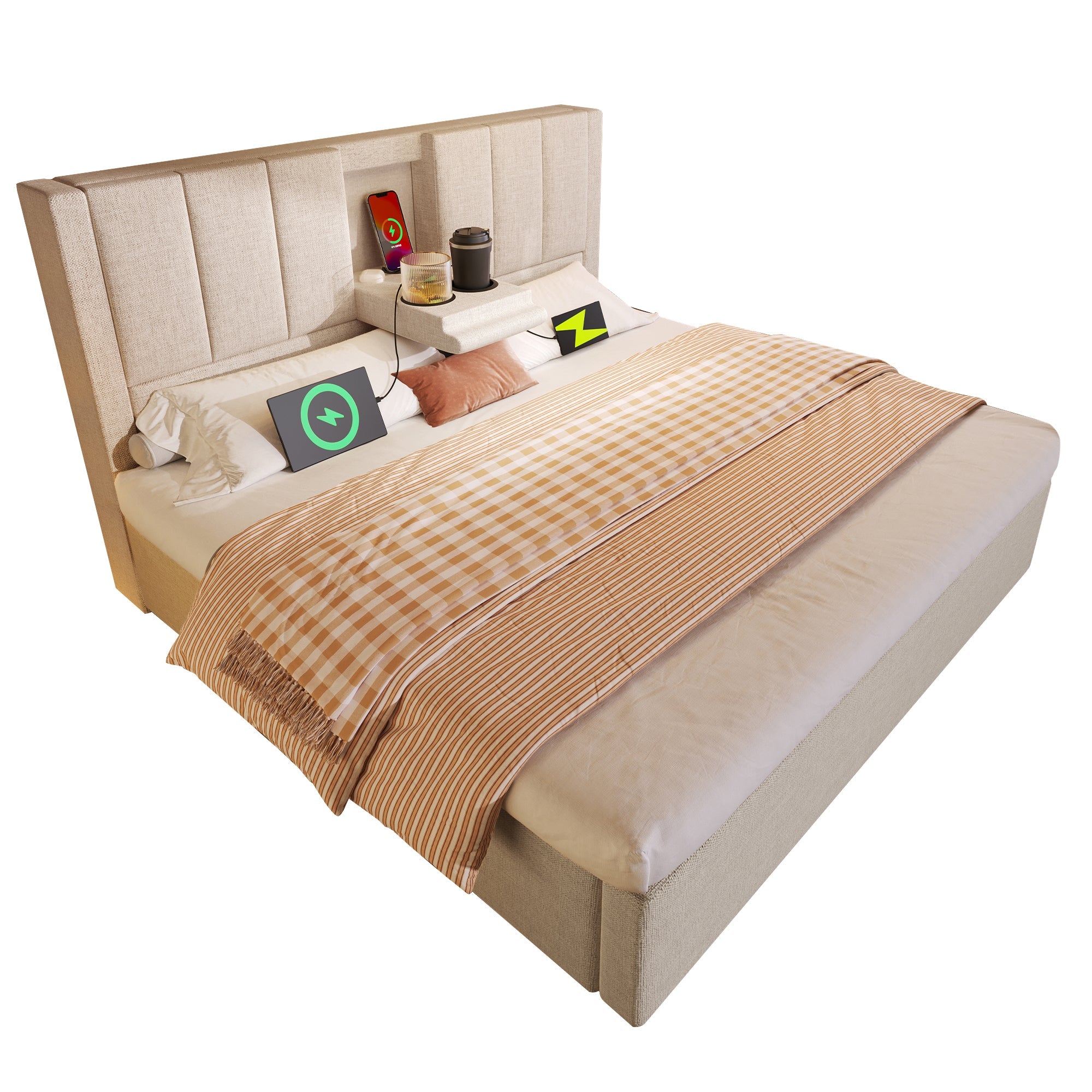 Upholstered Bed 180x200cm Double Bed, Storage, Hidden Cup Holder & Charging Station, Beige Linen