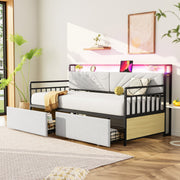 Sofa Bed, 90x200 cm LED, Shelves & Drawers, Beige Iron