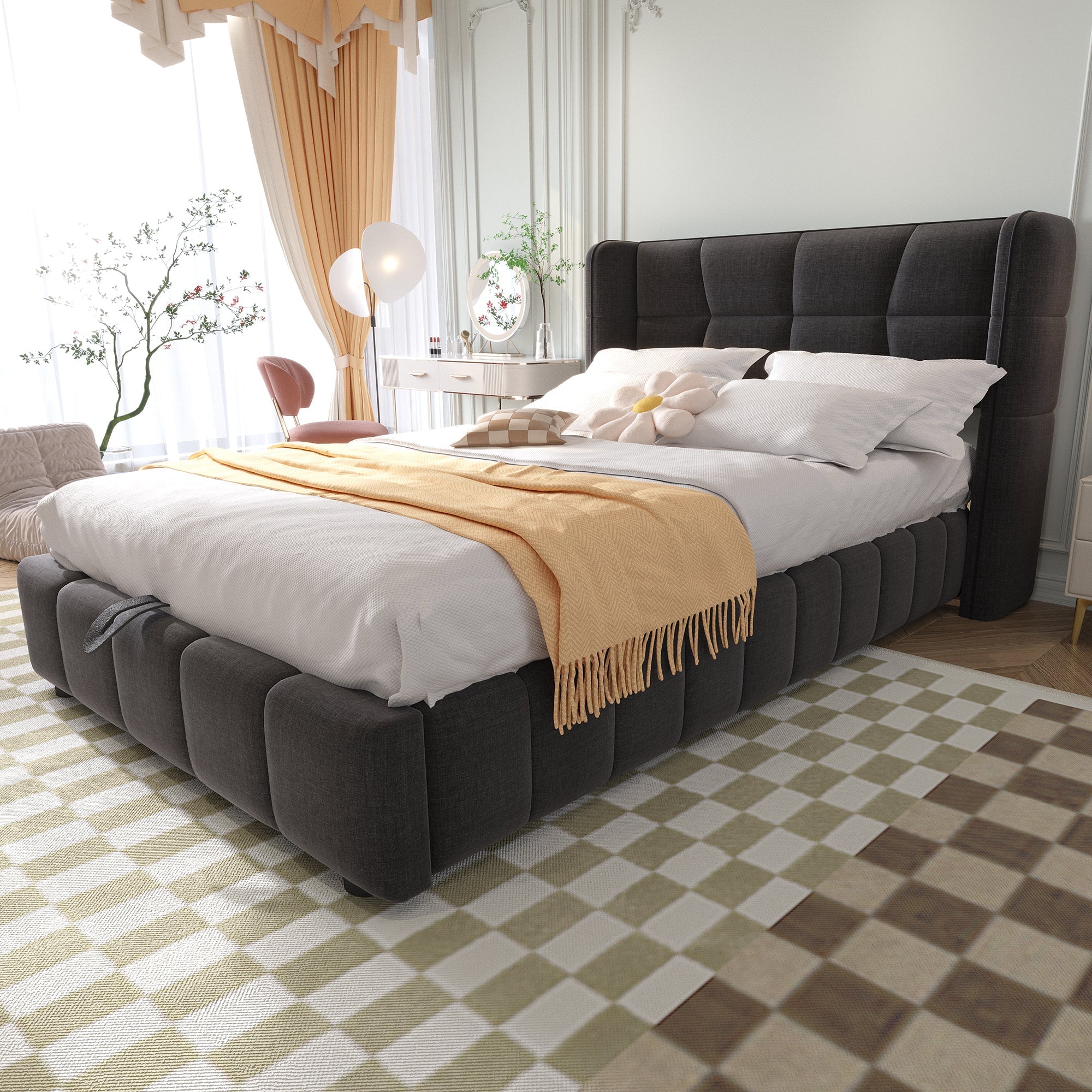 Upholstered Bed 90x200cm Pneumatic Storage Slatted Base - Linen Grey