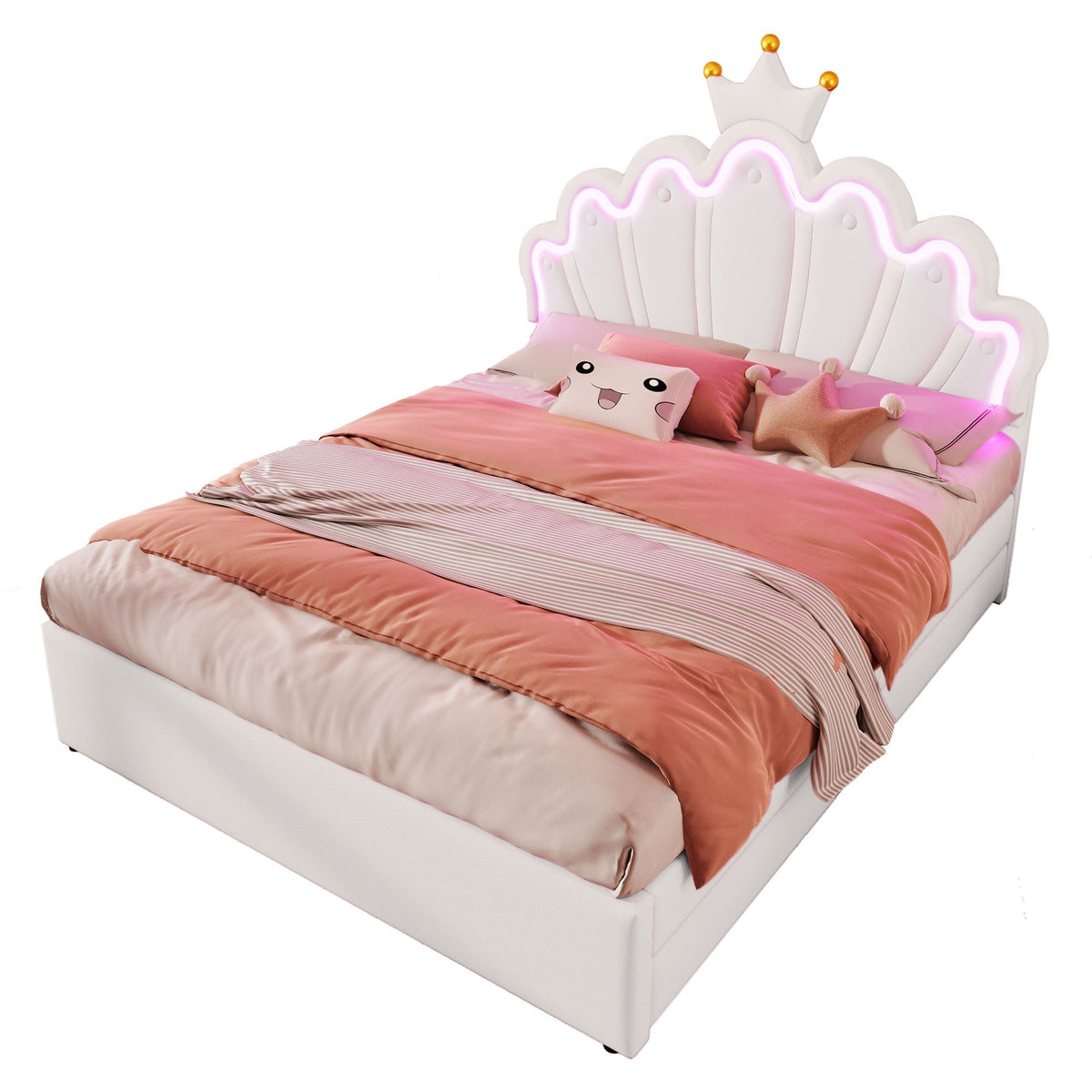 Upholstered Bed 140x200cm Crown Design Ambient Light 2 Drawers Adjustable Headboard - White PU