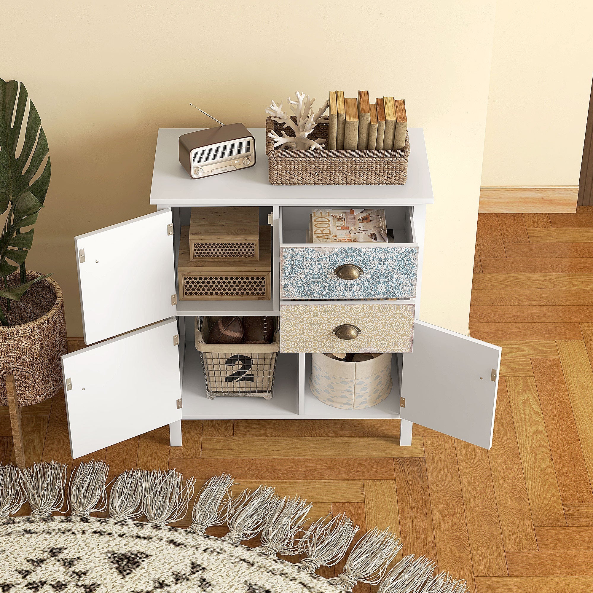 Chest of Drawers Storage Cabinet, 2 Drawers 3 Compartments, Anti-tip, White