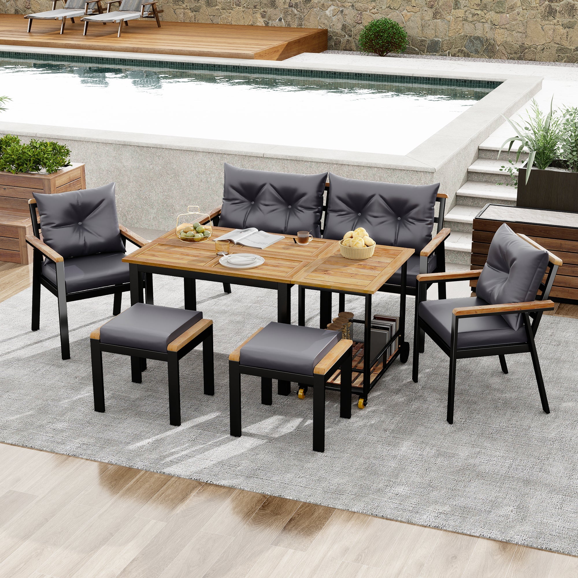 Dining Set, 6-7 Seater with Armchairs & Removable Trolley, Acacia Wood