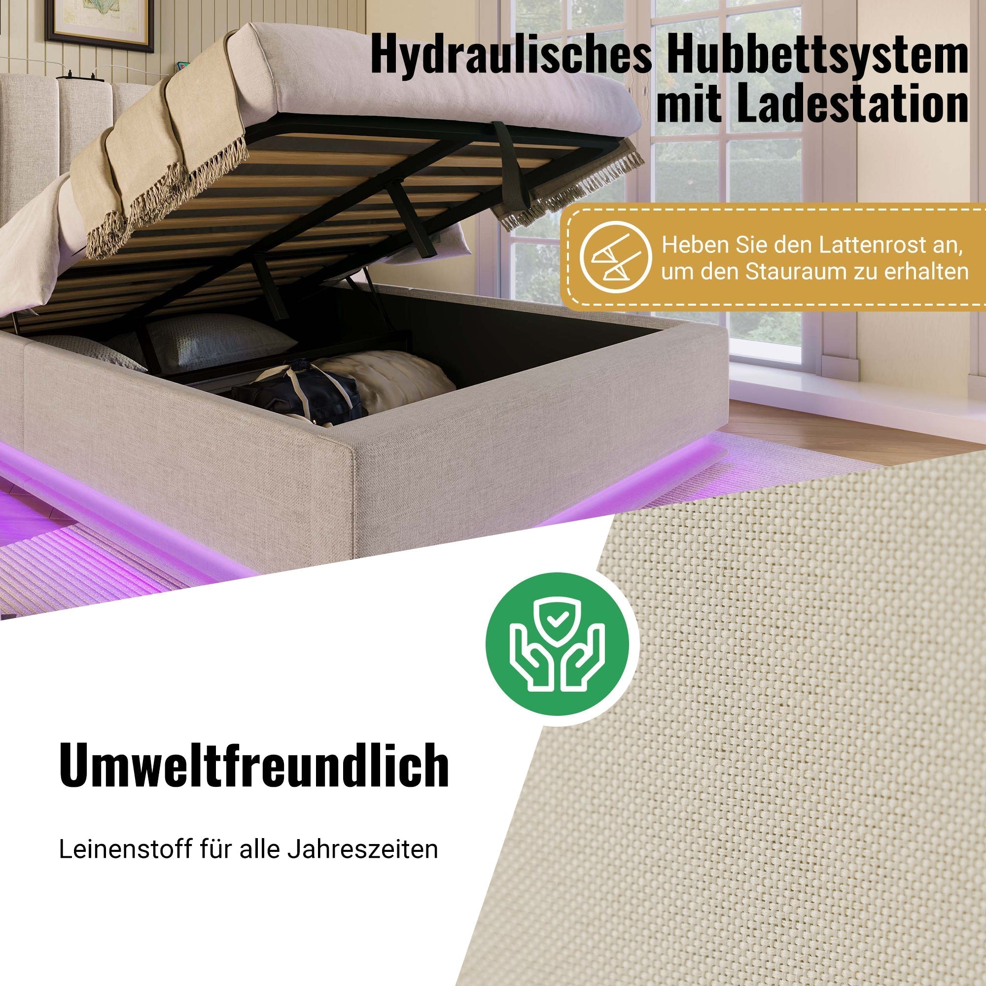 Upholstered Bed 180x200 Storage LED/USB-C, Linen Beige