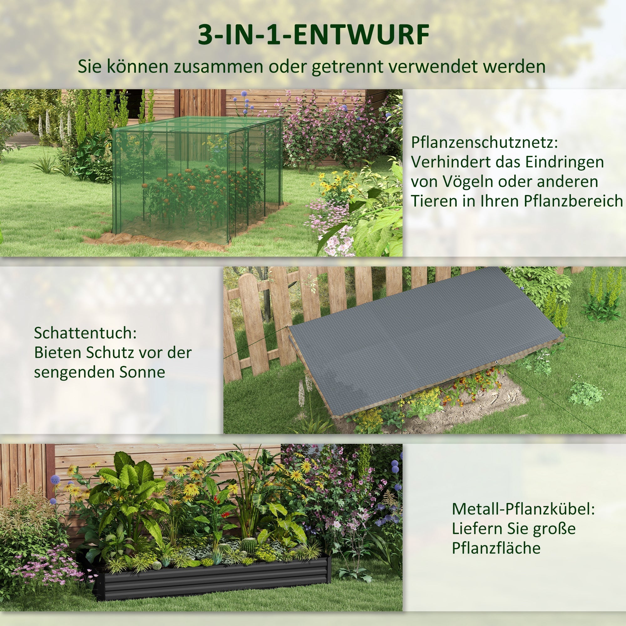Raised Garden Bed, Steel, Bird Netting, 230x110x110cm, Dark Grey