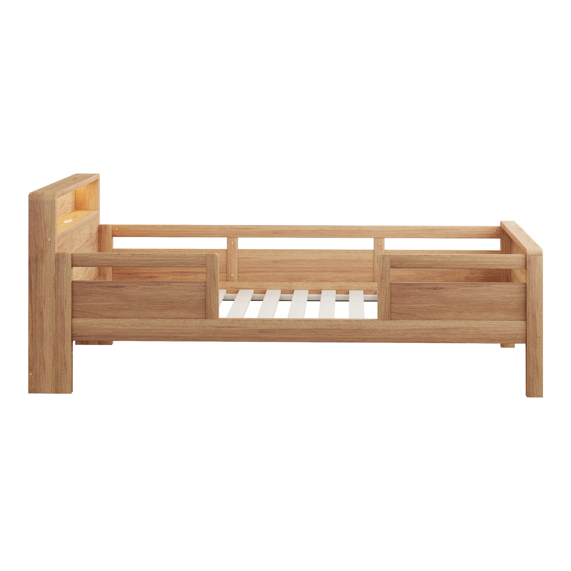 Wooden Bed, 90x200cm USB/Type-C, LED Light, Storage Headboard, Pinewood