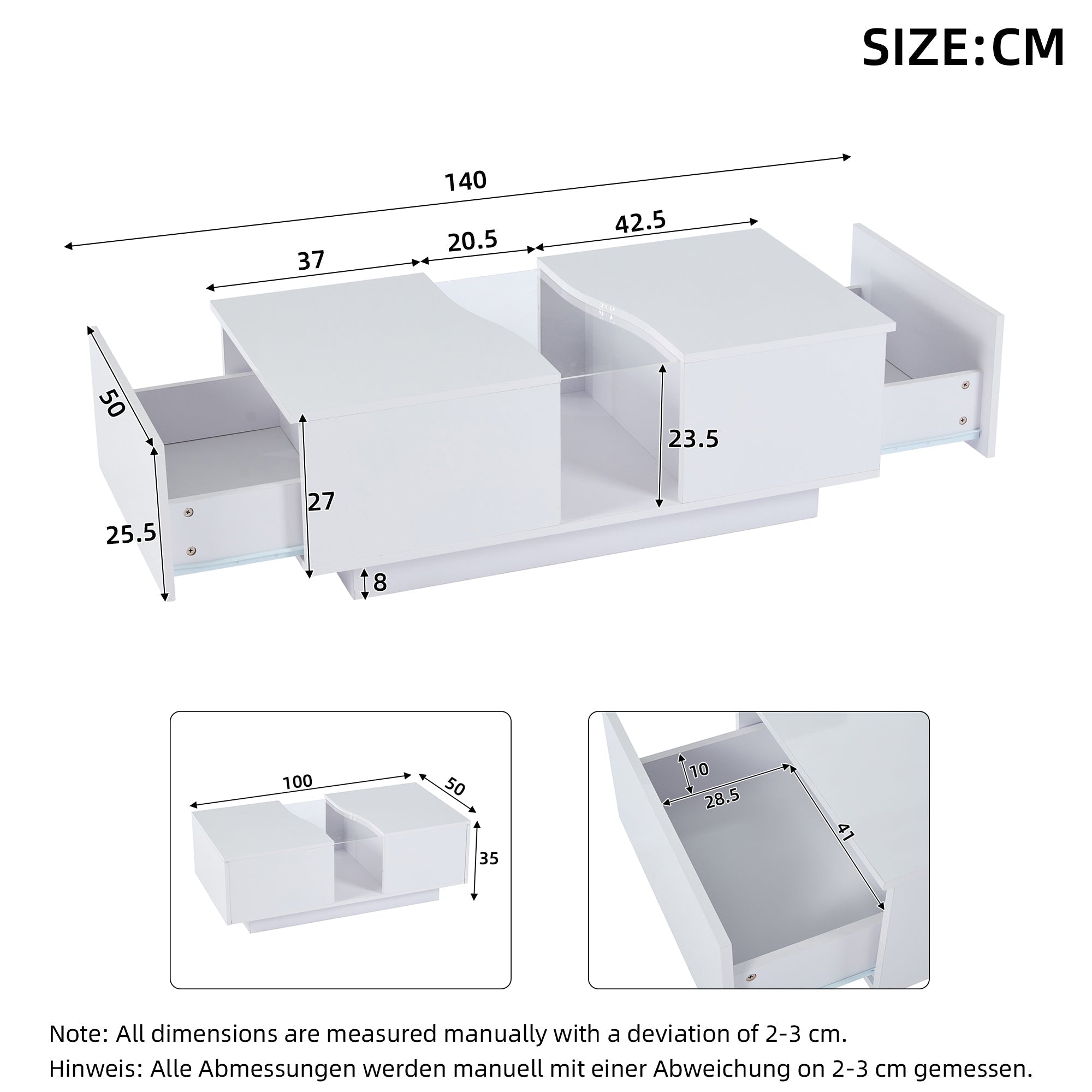 Modern LED Coffee Table, 2 Drawers 100x50x35cm, White High-Gloss MDF