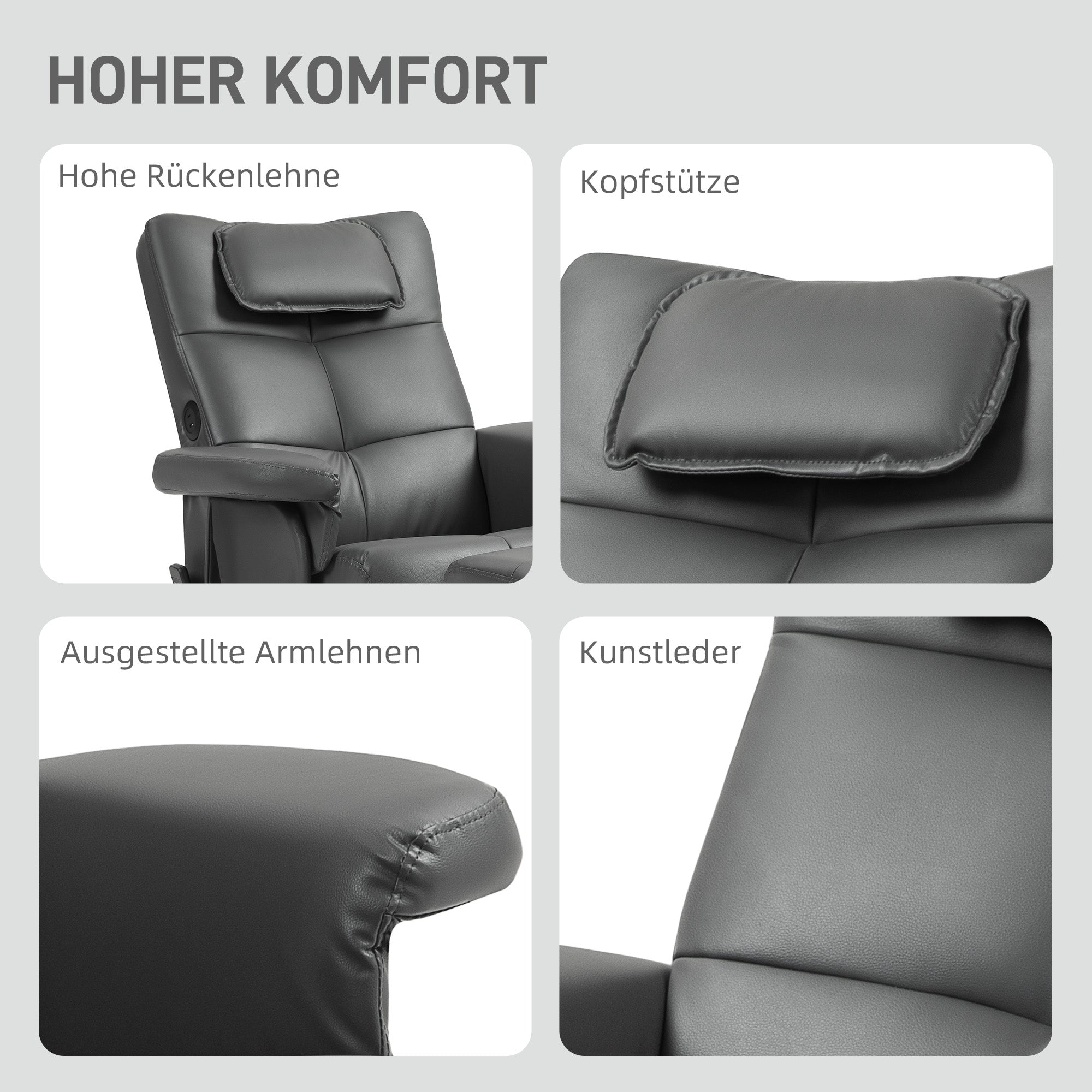Recliner Chair with Reclining Function, Massage, Stool, Faux Leather, Dark Grey