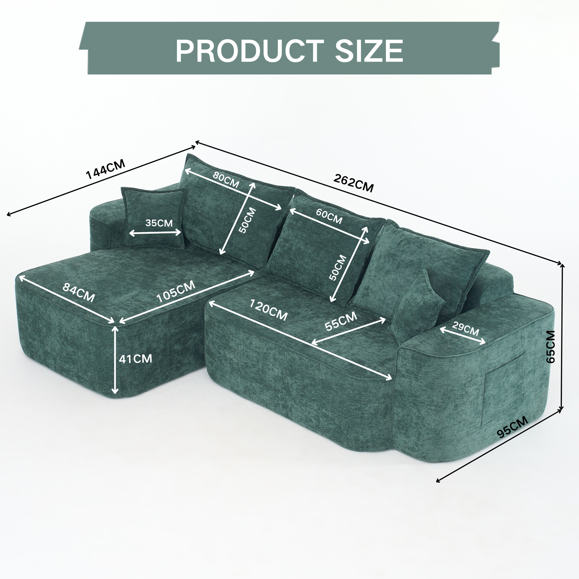 Cloud Couch L-Shaped Corner Sofa, 262cm with XXL Deep Seat and Chaise Longue, Green Chenille
