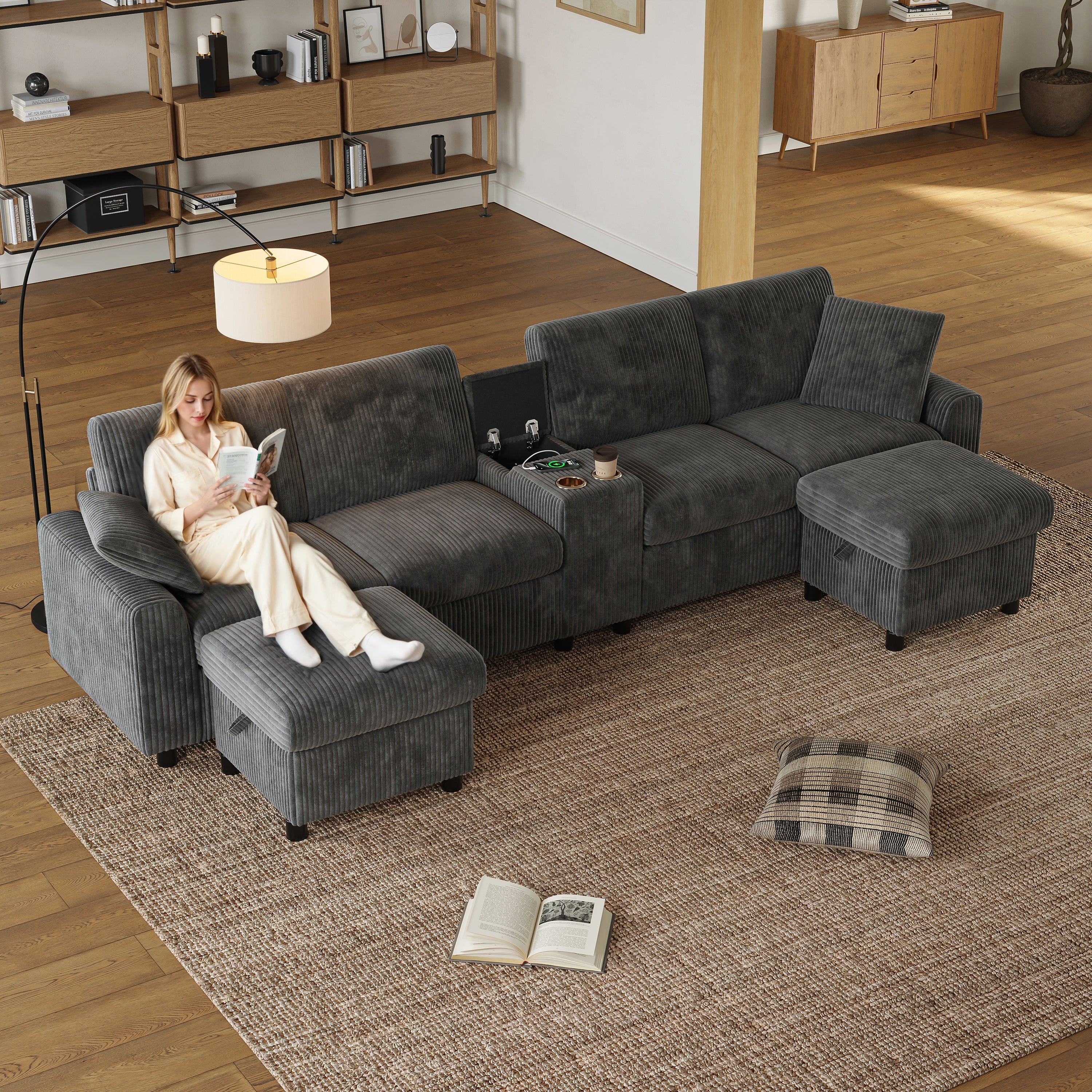 U-shaped Sofa with Storage Footstools Coffee Table USB Power Corduroy Grey