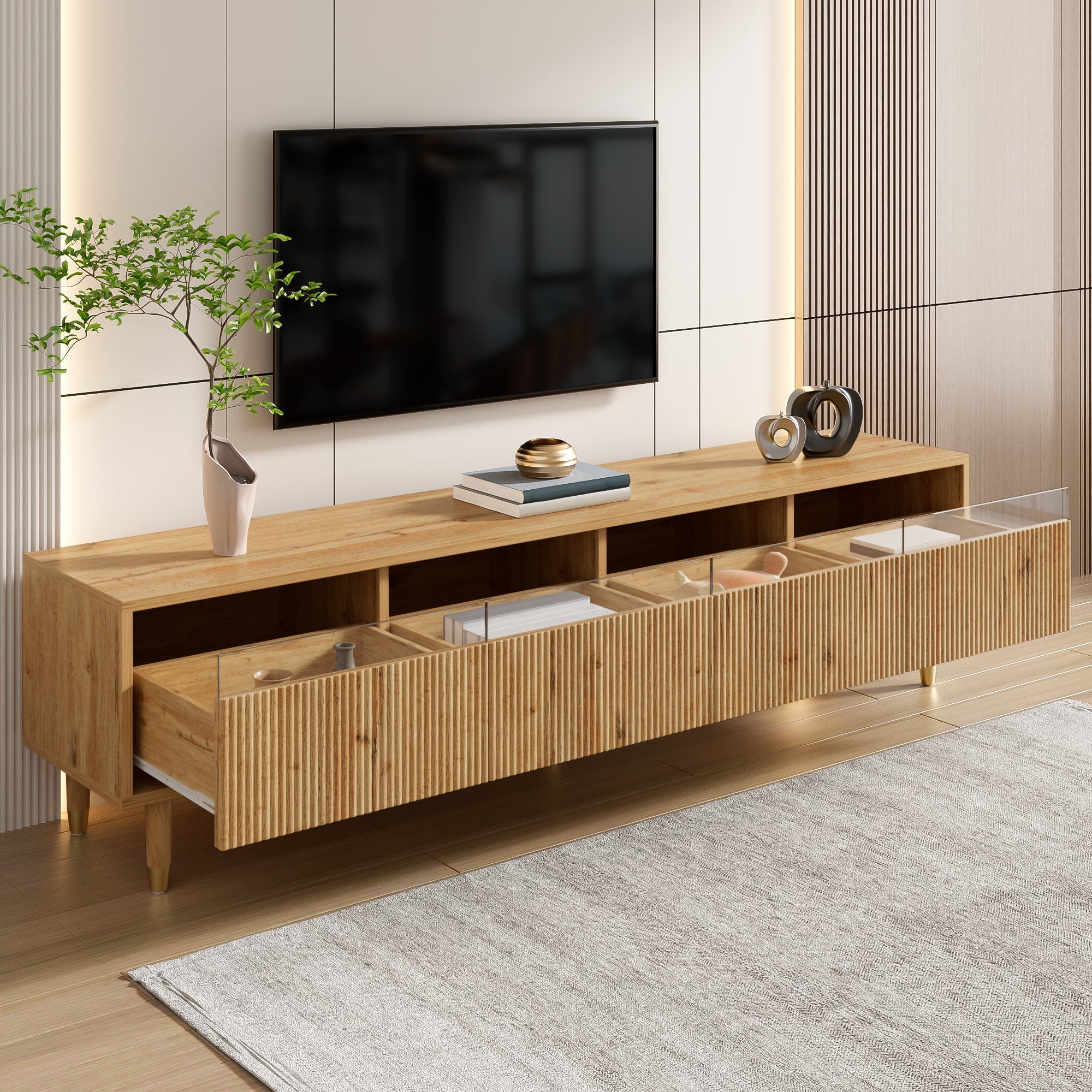 Modern TV Cabinet 178cm Minimalist Large Storage 4 Drawers, Wood Look MDF & Acrylic