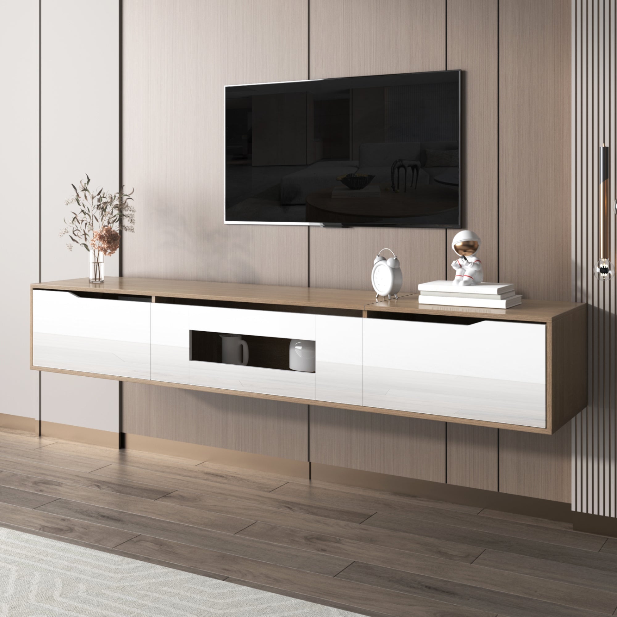 TV Cabinet, High Gloss with Color Changing LED Light, White and Wood Color