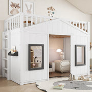 House Bunk Bed 90x200cm, Stairs Railing Window Storage, Pine+MDF White
