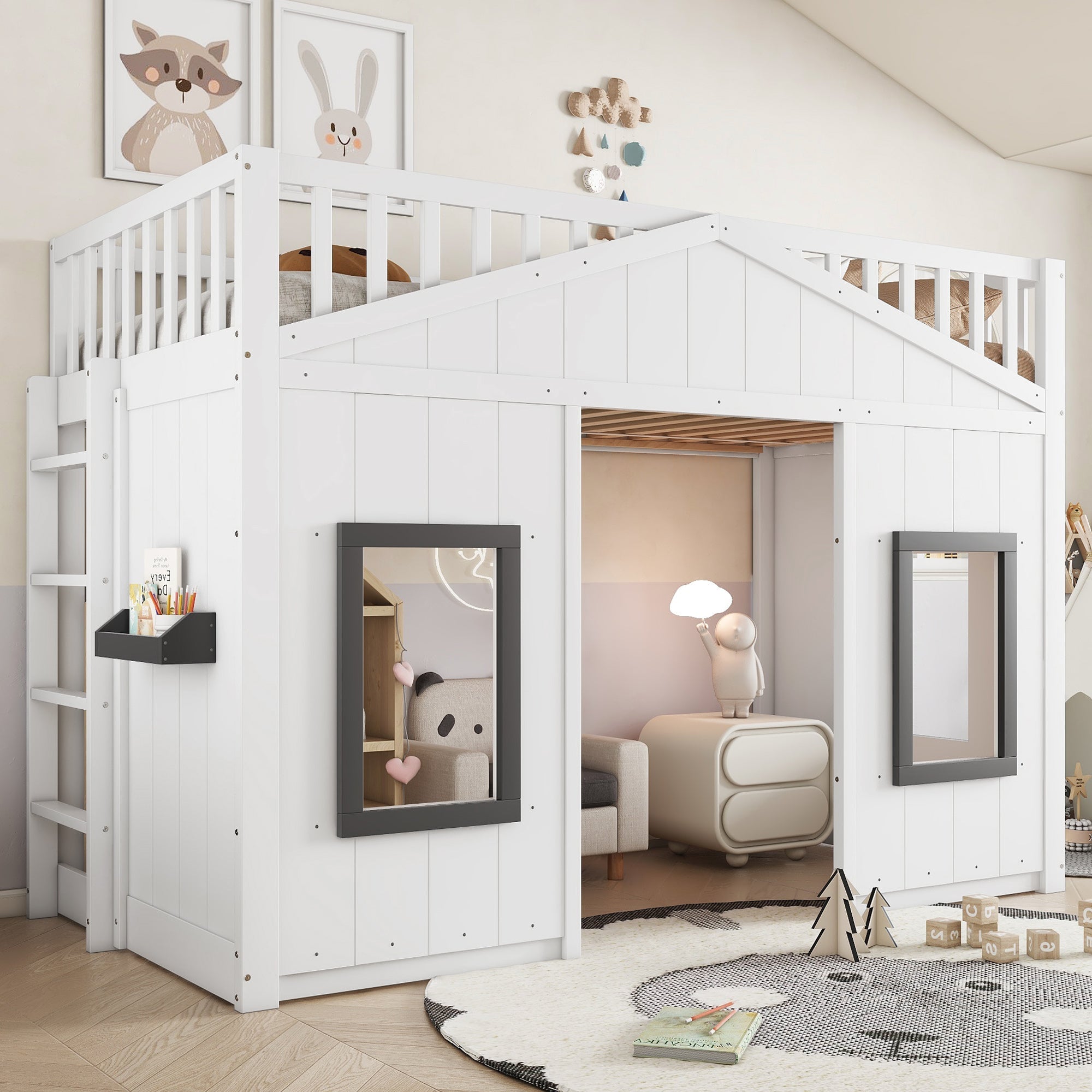 House Bunk Bed 90x200cm, Stairs Railing Window Storage, Pine+MDF White