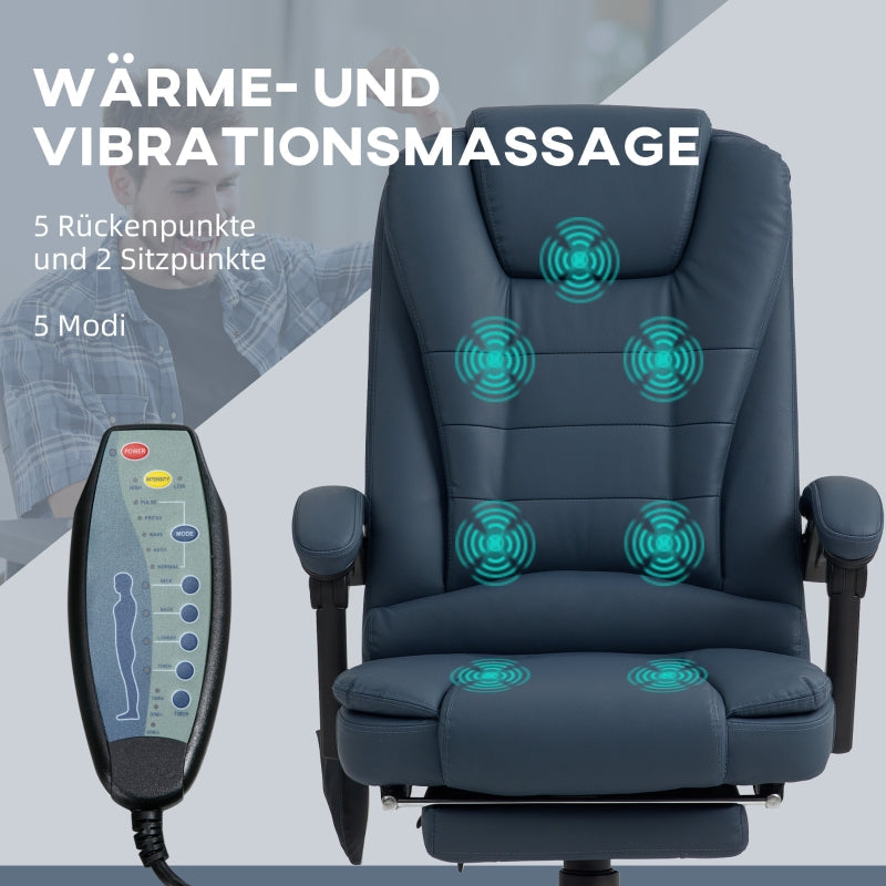 Vinsetto Massage Office Chair, 7 Vibration Points, Adjustable Footrest & Backrest, Leather Look, Blue
