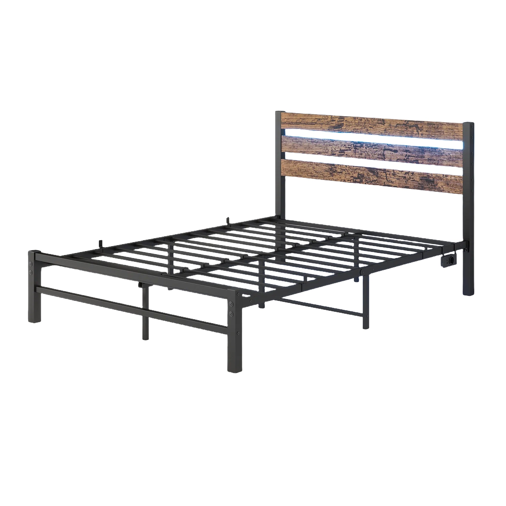Bed Frame with Headboard, 120x200cm, USB Charging Station & LED, Metal