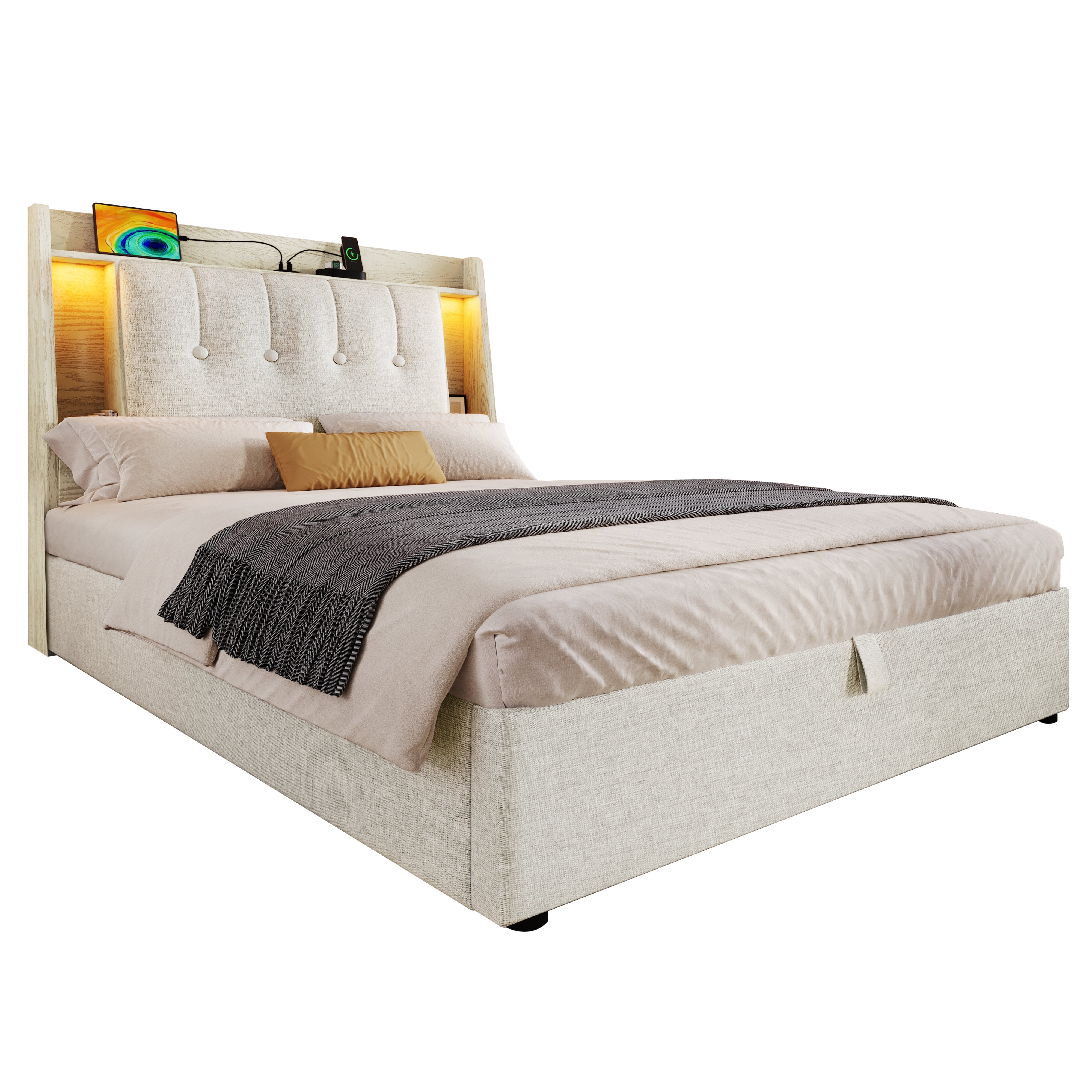 Upholstered Bed 90x200cm Storage LED USB/Type-C App Control - Linen Beige