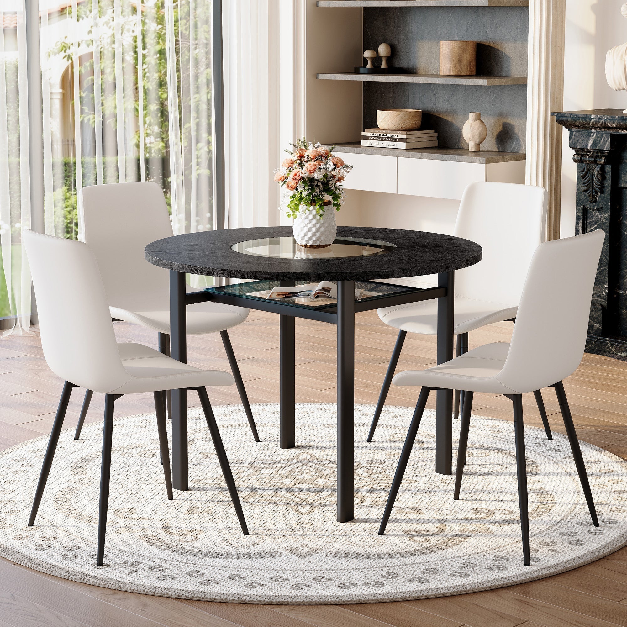 Round Dining Table Set Minimalist 100cm with 4 PU Chairs - Black Wood Look/White