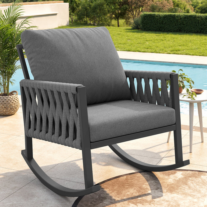 Outdoor Rocking Chair with Cross-Rope Weaving and Weatherproof Metal Frame, Metal and Rope