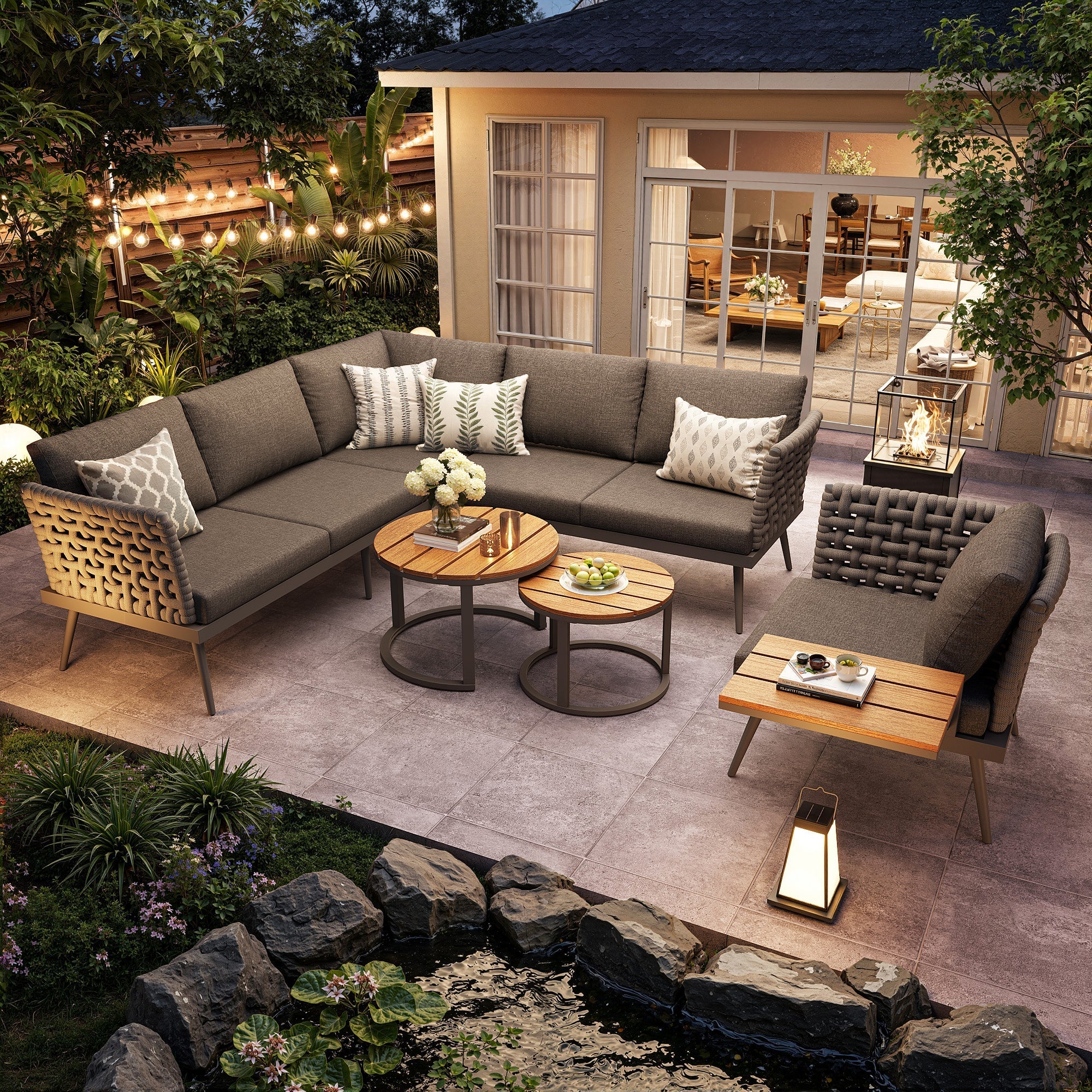 L-Shaped Garden Sofa Set with Coffee Tables and Armchairs, Grey and Beige