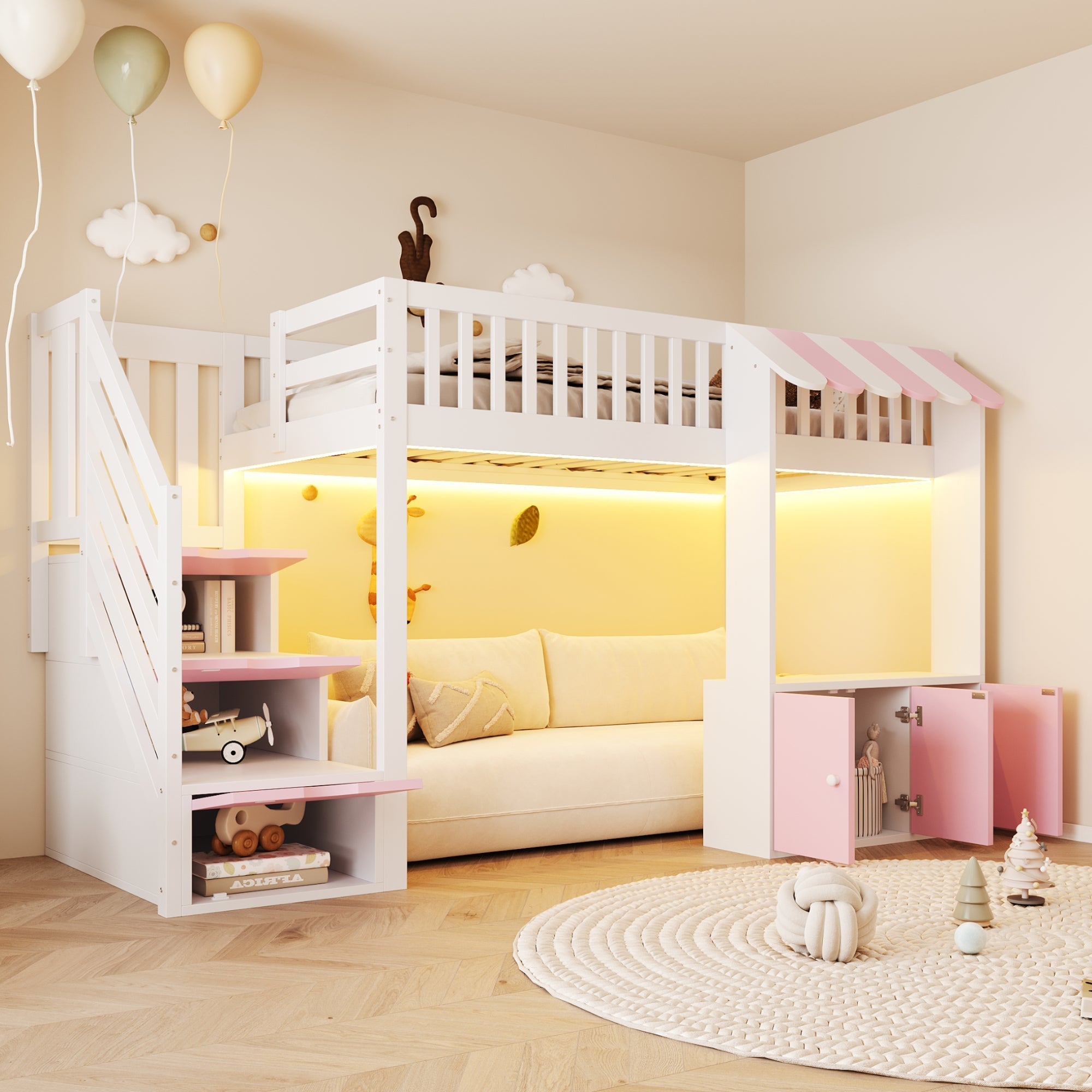 Loft Bed 90x200cm with Storage Stairs Wardrobe LED Light Wooden Pink