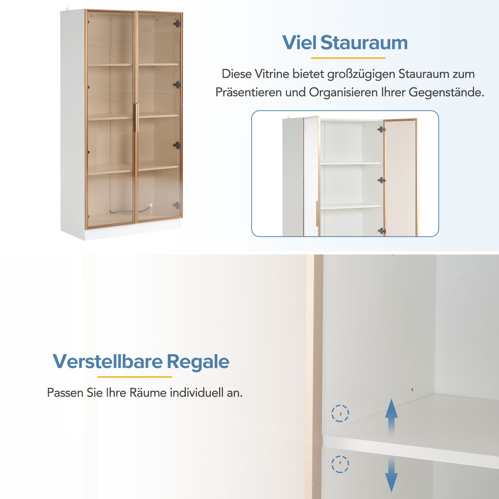 Modern Living Room Set: Two Glass Display Cabinets with LED Lighting, Adjustable Shelves, White Platinum Finish