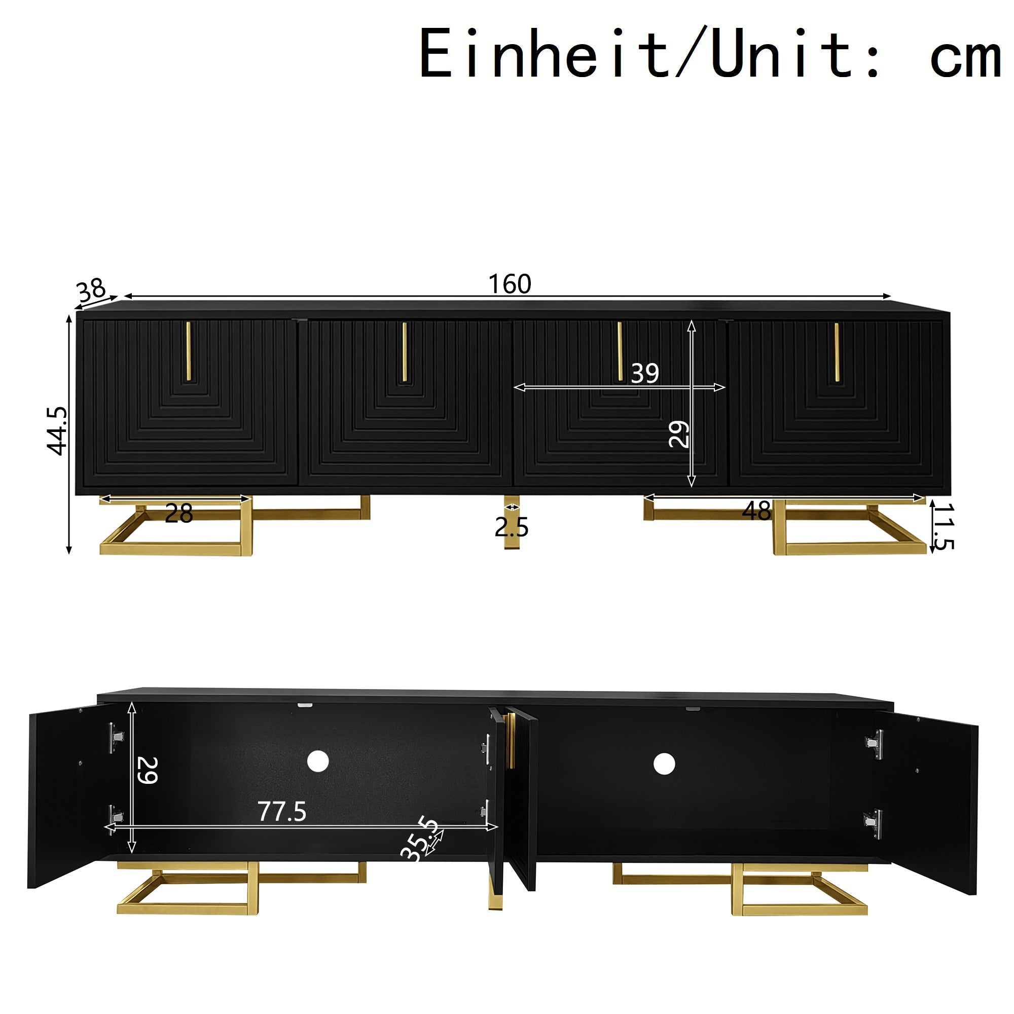 TV Cabinet Lowboard with Textured Doors, Gold Handles and Legs
