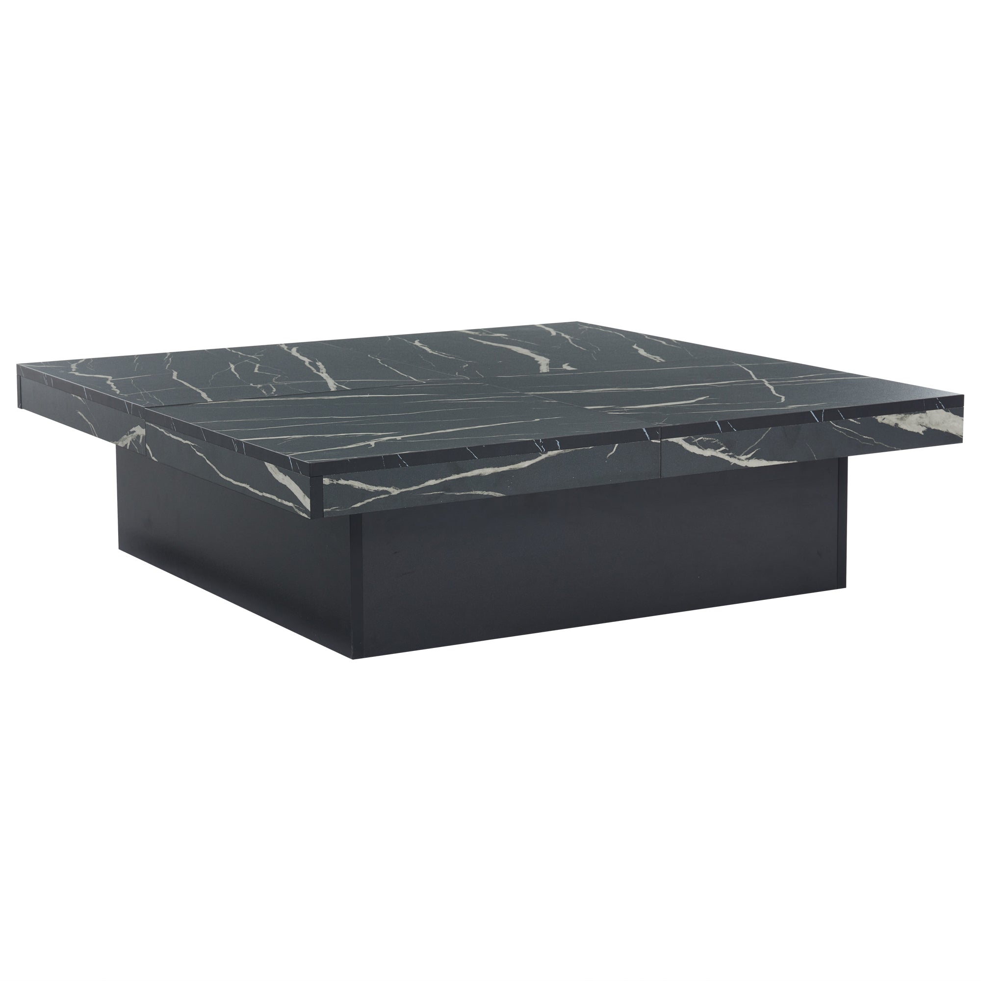 Coffee Table, Square 90x90x25cm with Four Drawers, Sliding Tabletop, Black Marble Look