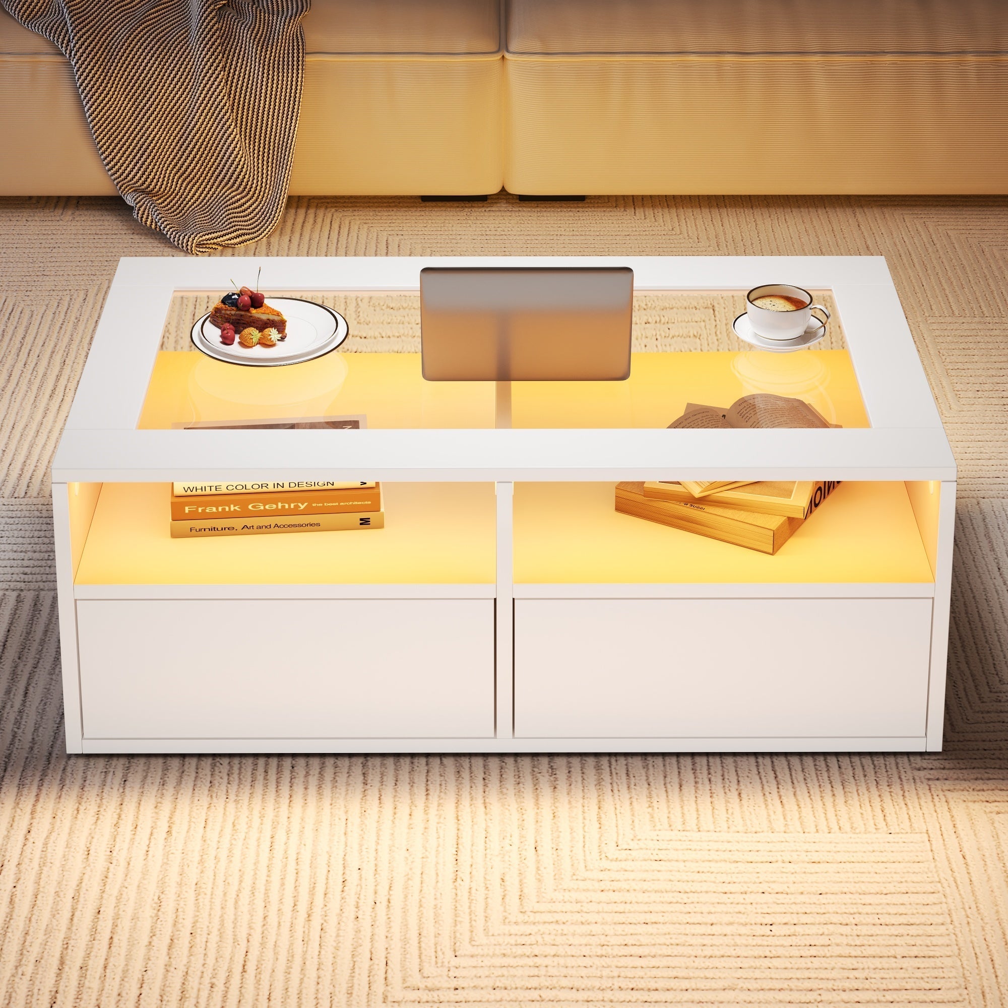 Coffee Table with LED Light and 2 Drawers, Glass and White